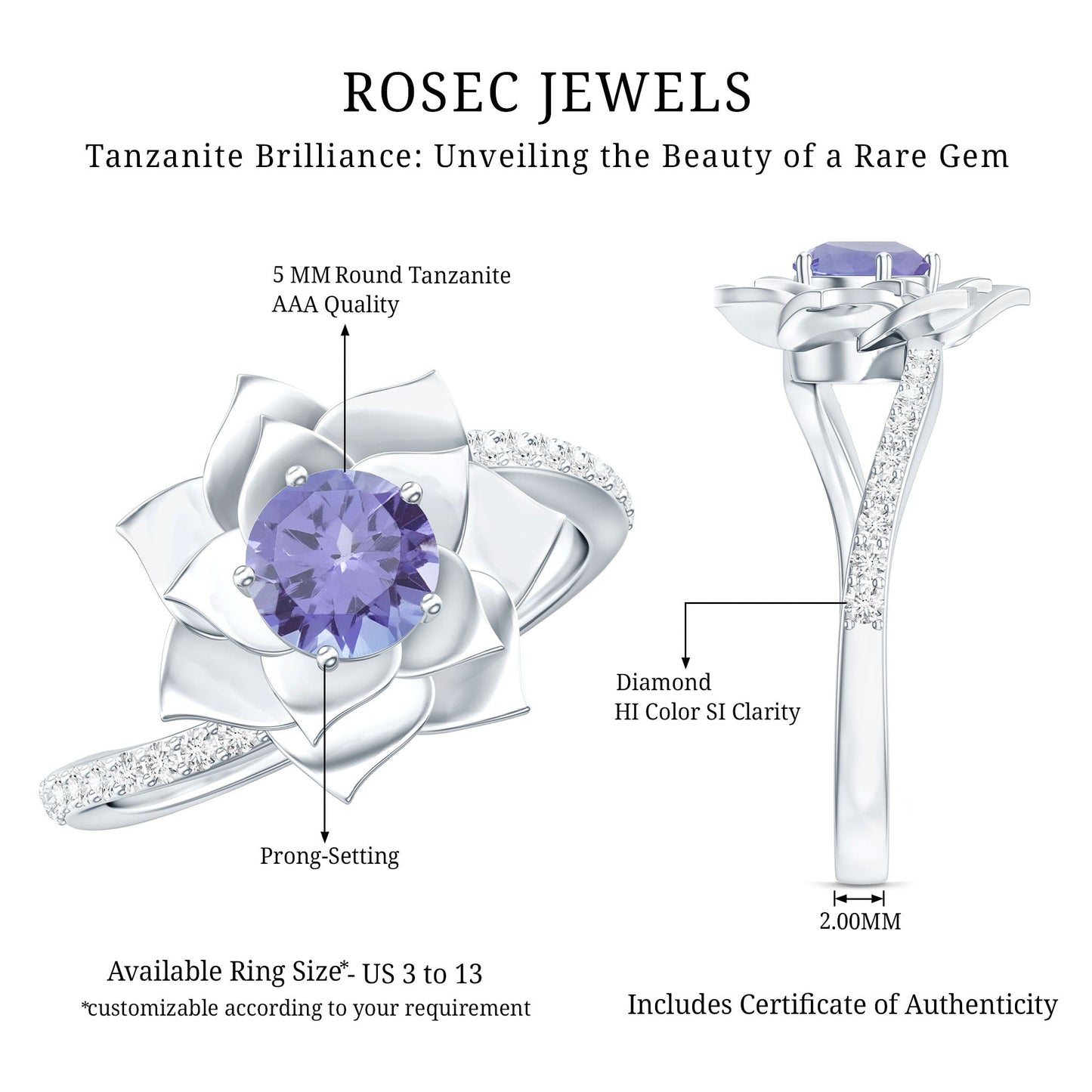 Real Tanzanite Rose Flower Engagement Ring with Diamond Bypass Shank