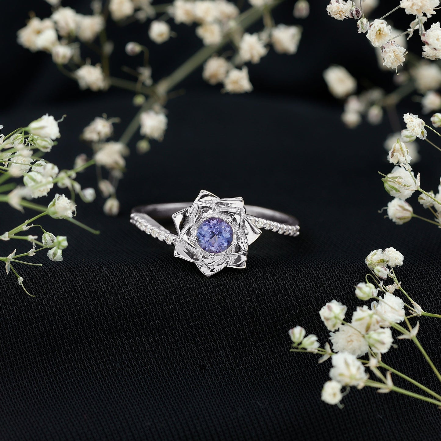 Real Tanzanite Rose Flower Engagement Ring with Diamond Bypass Shank