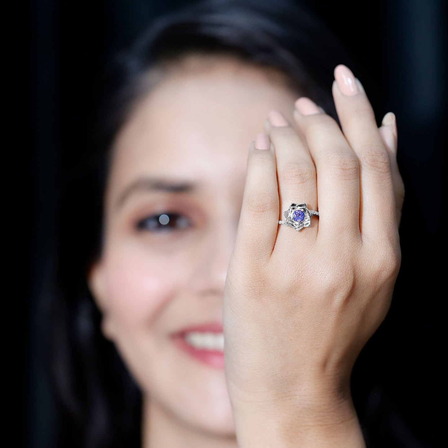 Real Tanzanite Rose Flower Engagement Ring with Diamond Bypass Shank