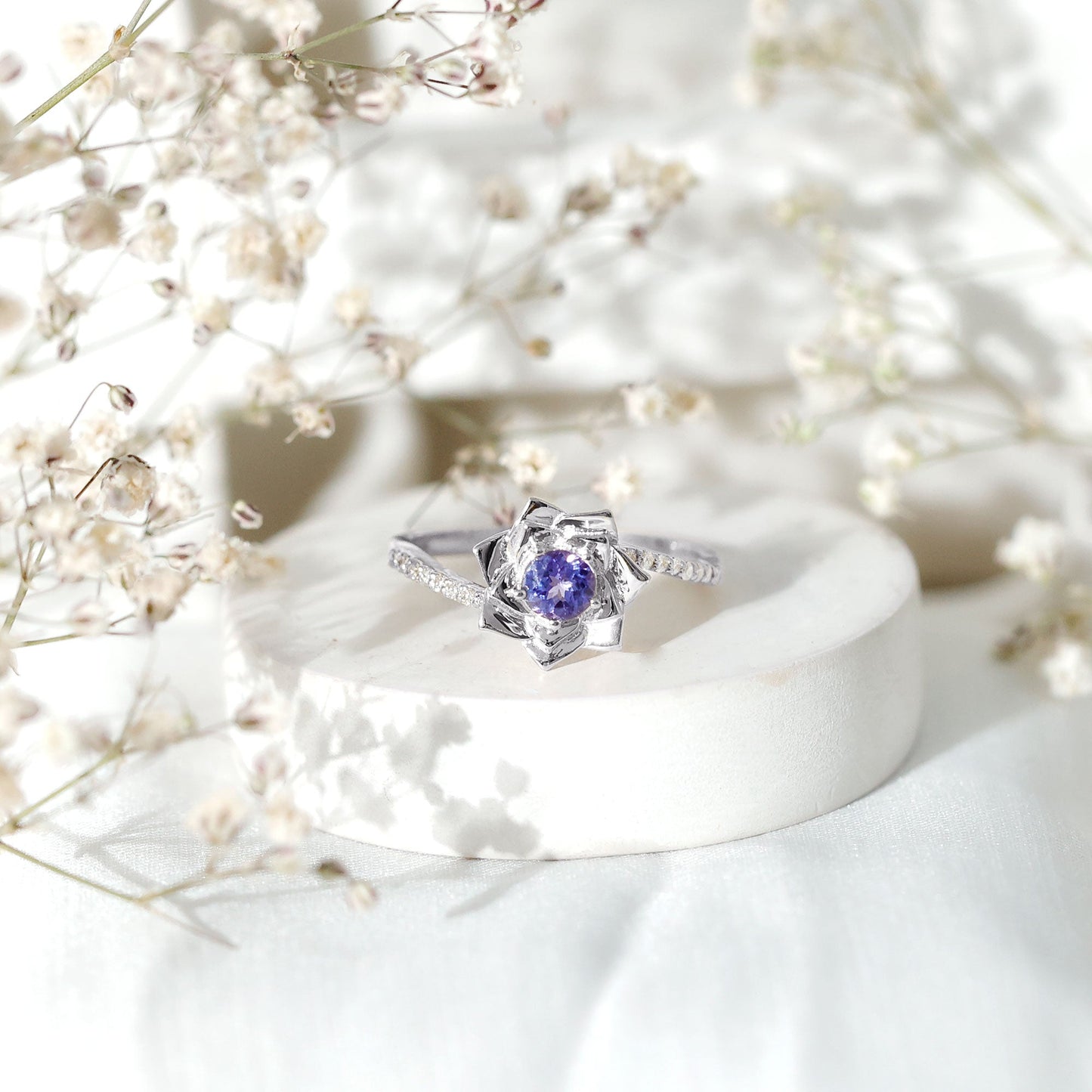 Real Tanzanite Rose Flower Engagement Ring with Diamond Bypass Shank