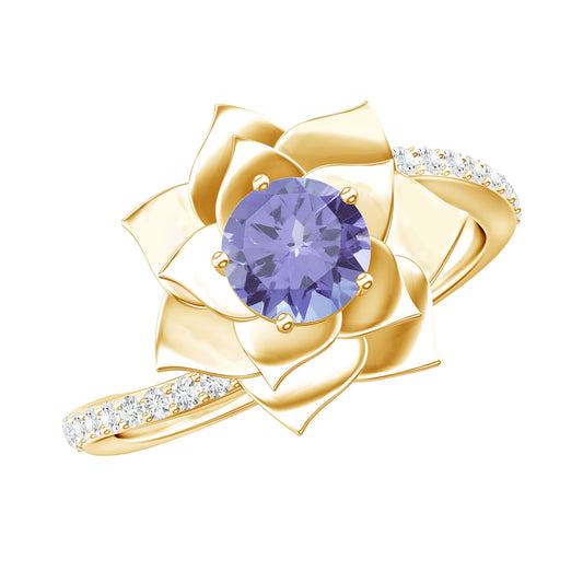 Real Tanzanite Rose Flower Engagement Ring with Diamond Bypass Shank