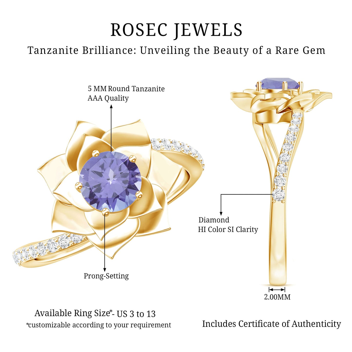 Real Tanzanite Rose Flower Engagement Ring with Diamond Bypass Shank