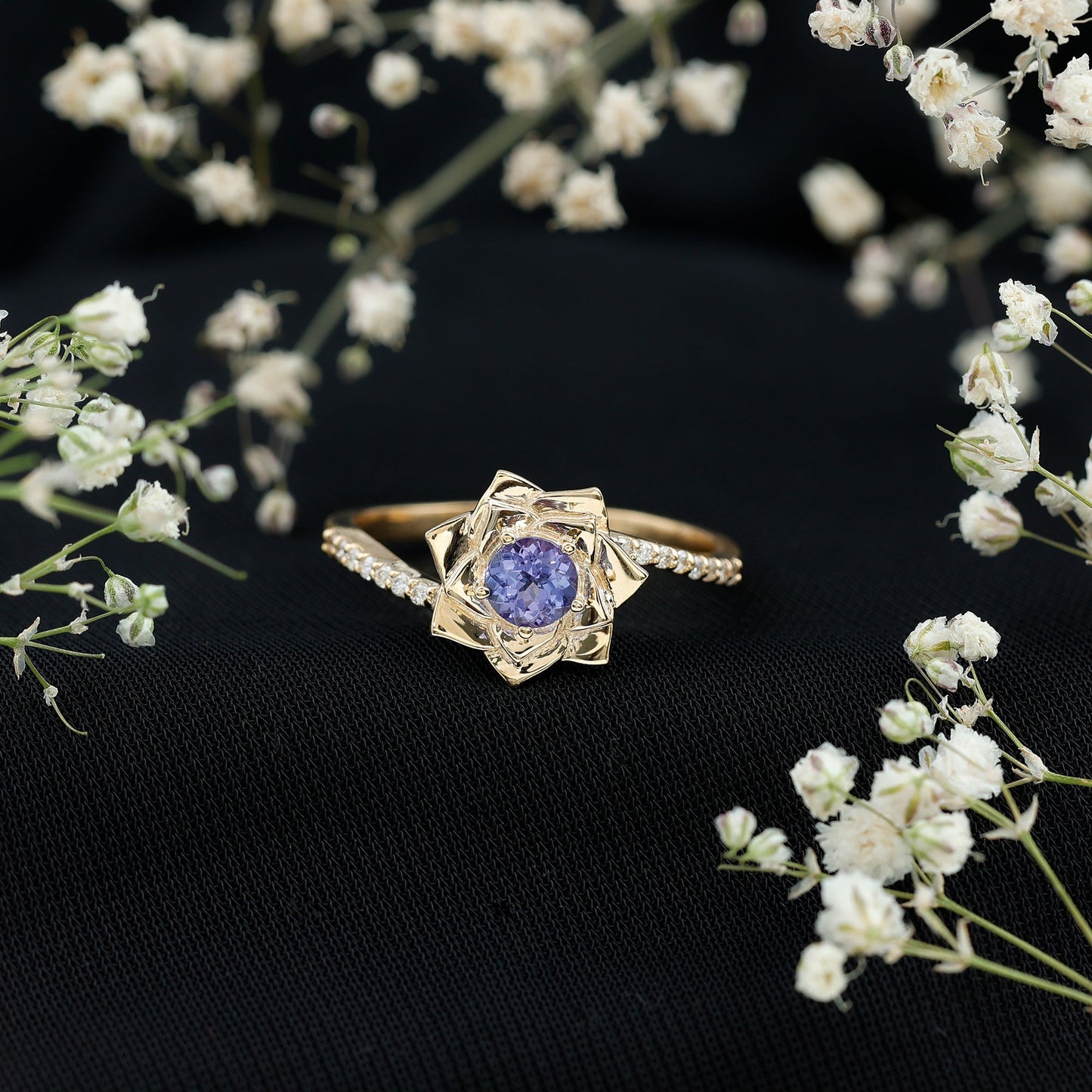 Real Tanzanite Rose Flower Engagement Ring with Diamond Bypass Shank