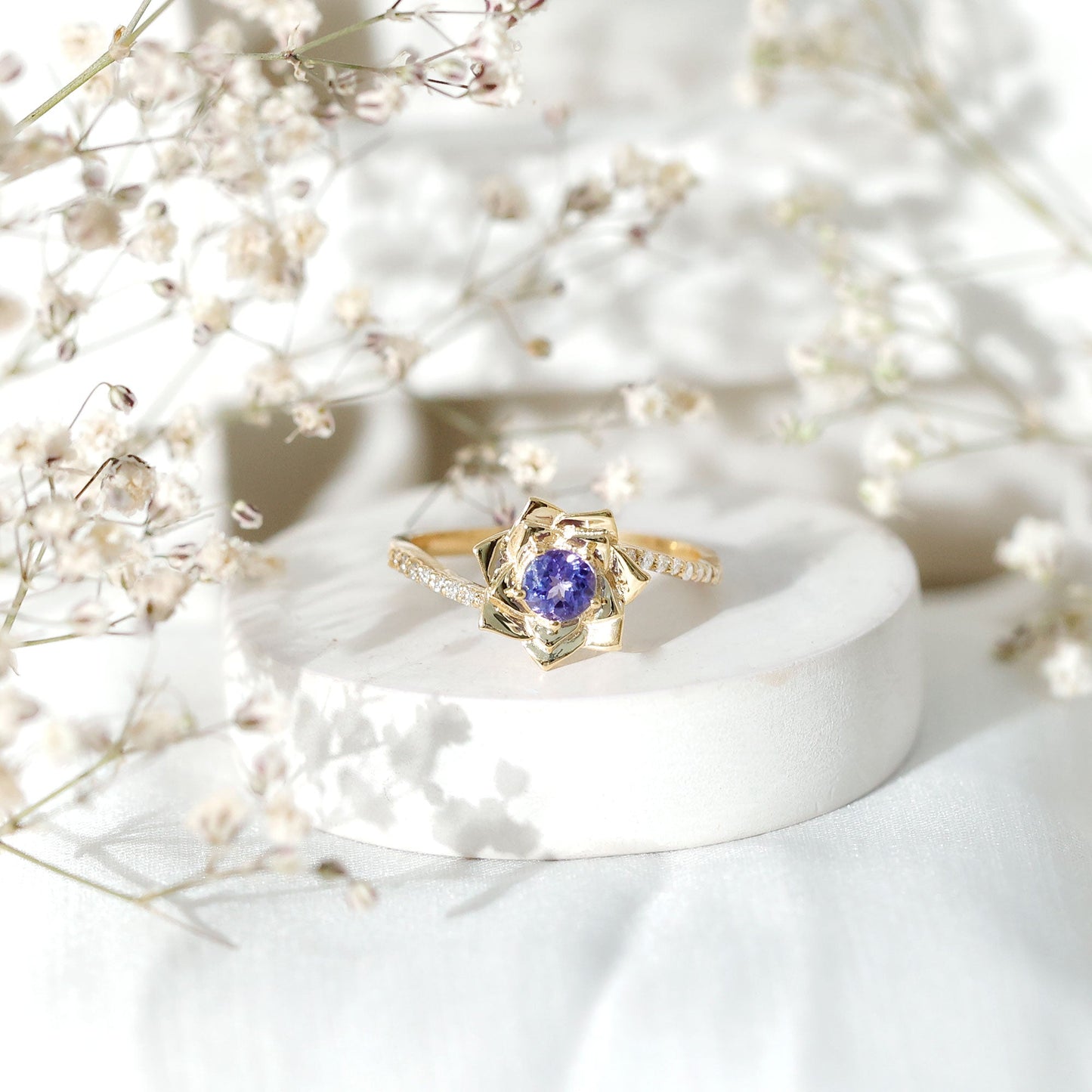 Real Tanzanite Rose Flower Engagement Ring with Diamond Bypass Shank