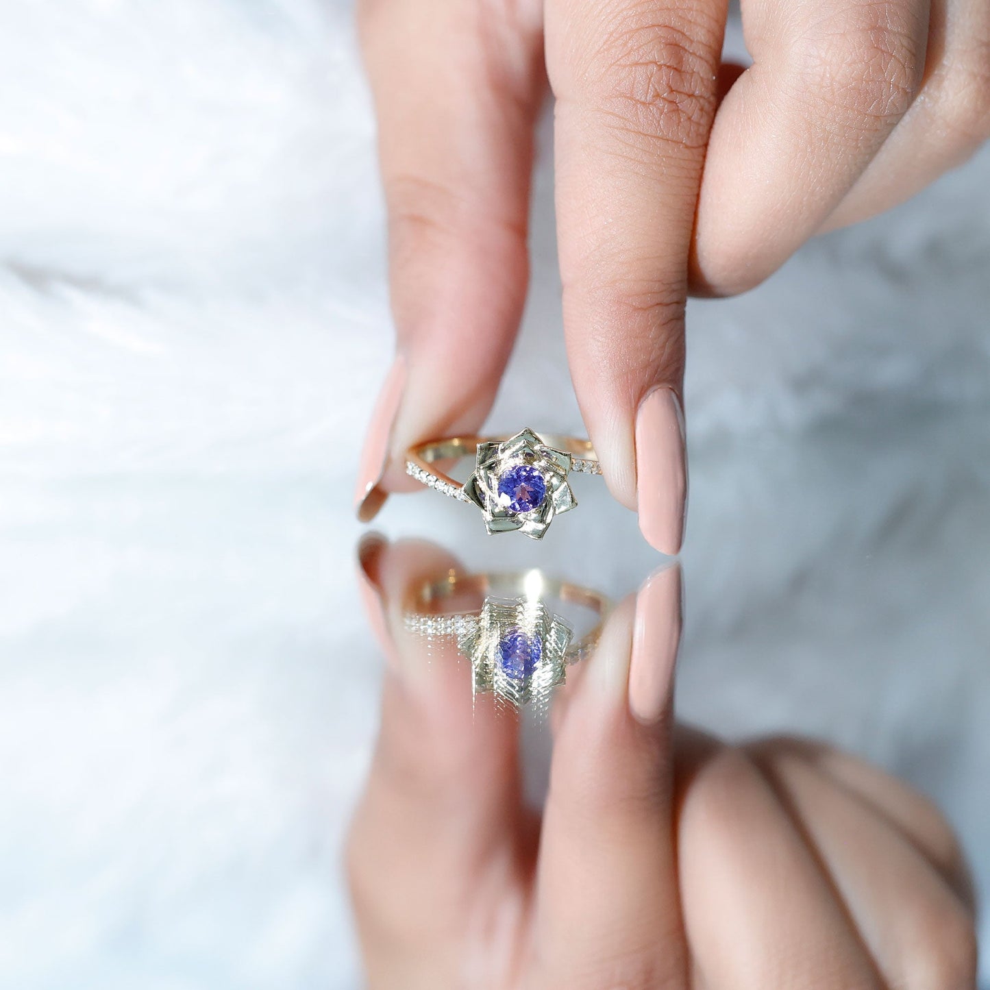 Real Tanzanite Rose Flower Engagement Ring with Diamond Bypass Shank