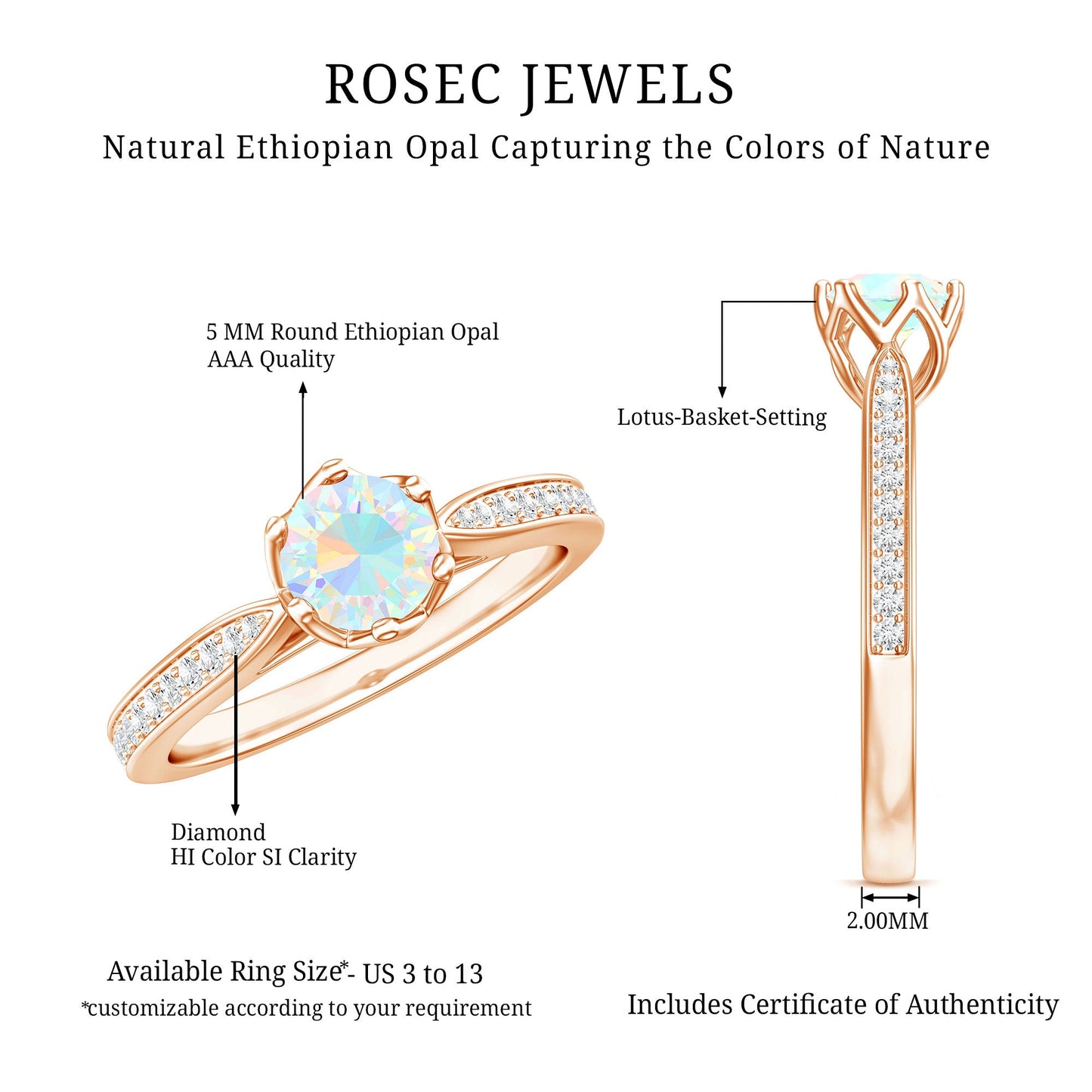 Genuine Ethiopian Rainbow Opal Engagement Ring with Diamond Side Stones