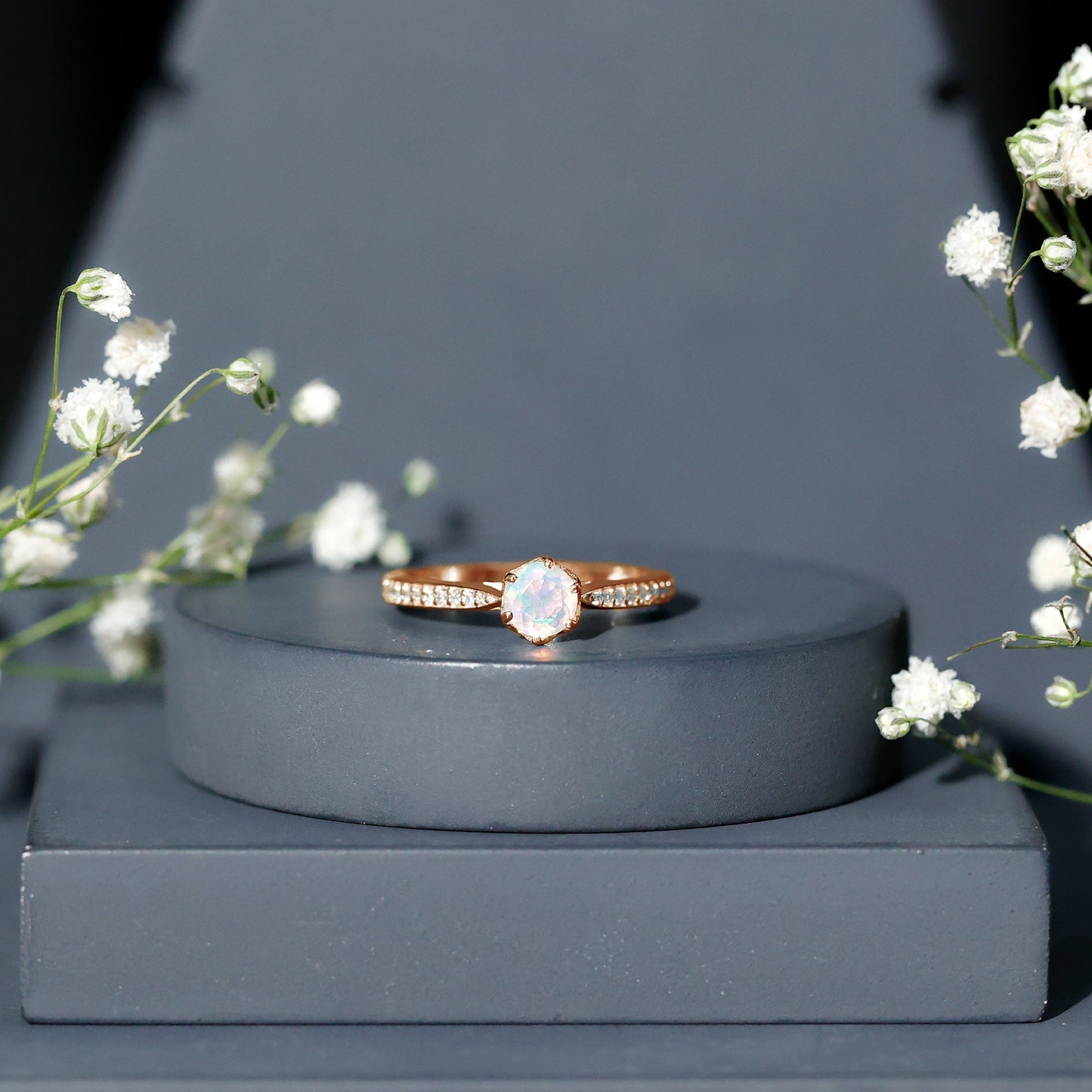 Genuine Ethiopian Rainbow Opal Engagement Ring with Diamond Side Stones