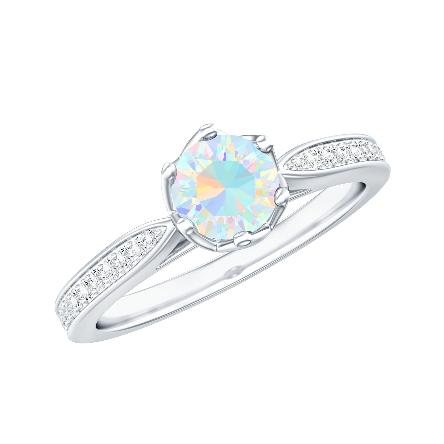 Genuine Ethiopian Rainbow Opal Engagement Ring with Diamond Side Stones