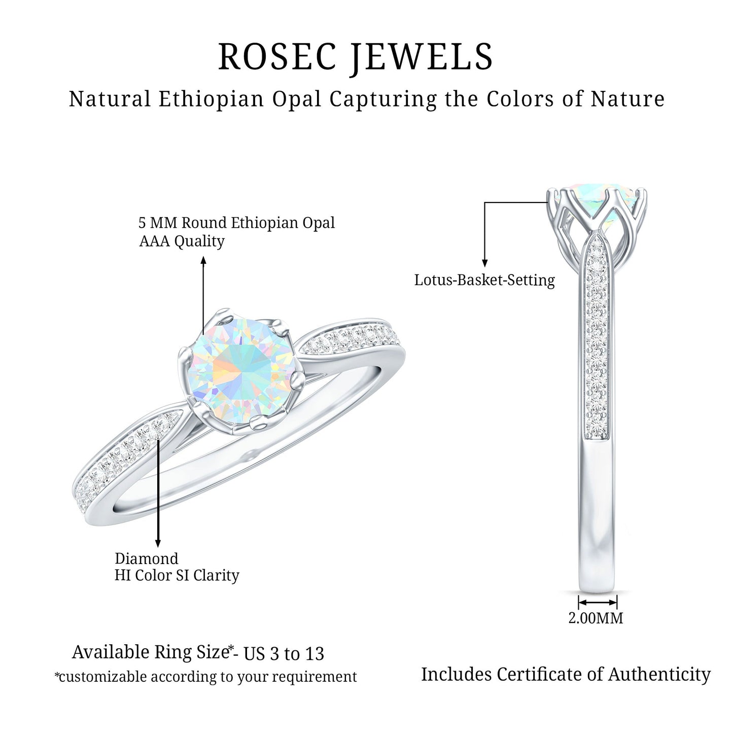 Genuine Ethiopian Rainbow Opal Engagement Ring with Diamond Side Stones