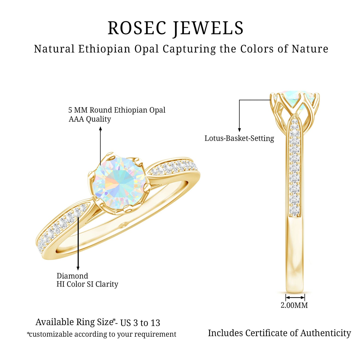 Genuine Ethiopian Rainbow Opal Engagement Ring with Diamond Side Stones