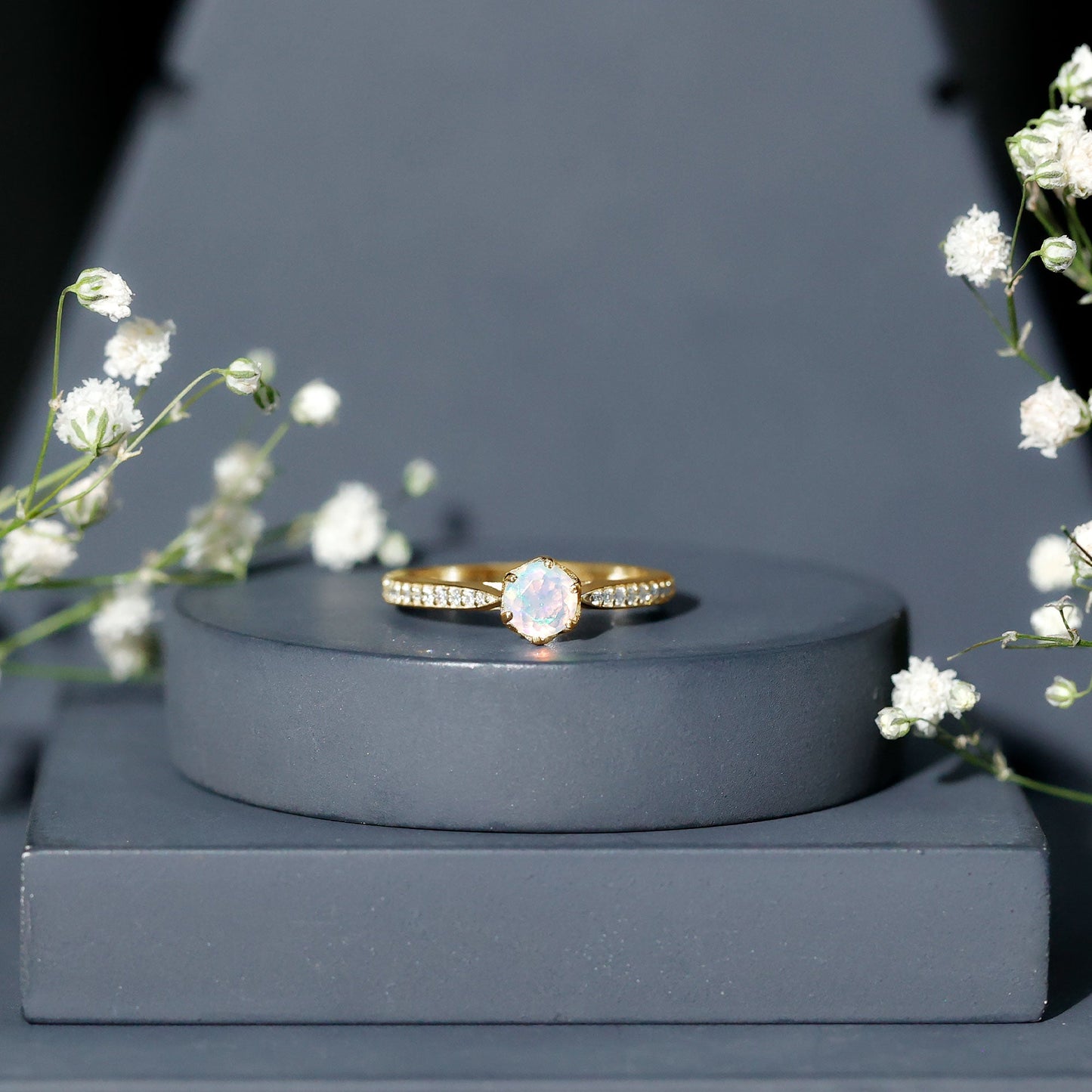 Genuine Ethiopian Rainbow Opal Engagement Ring with Diamond Side Stones