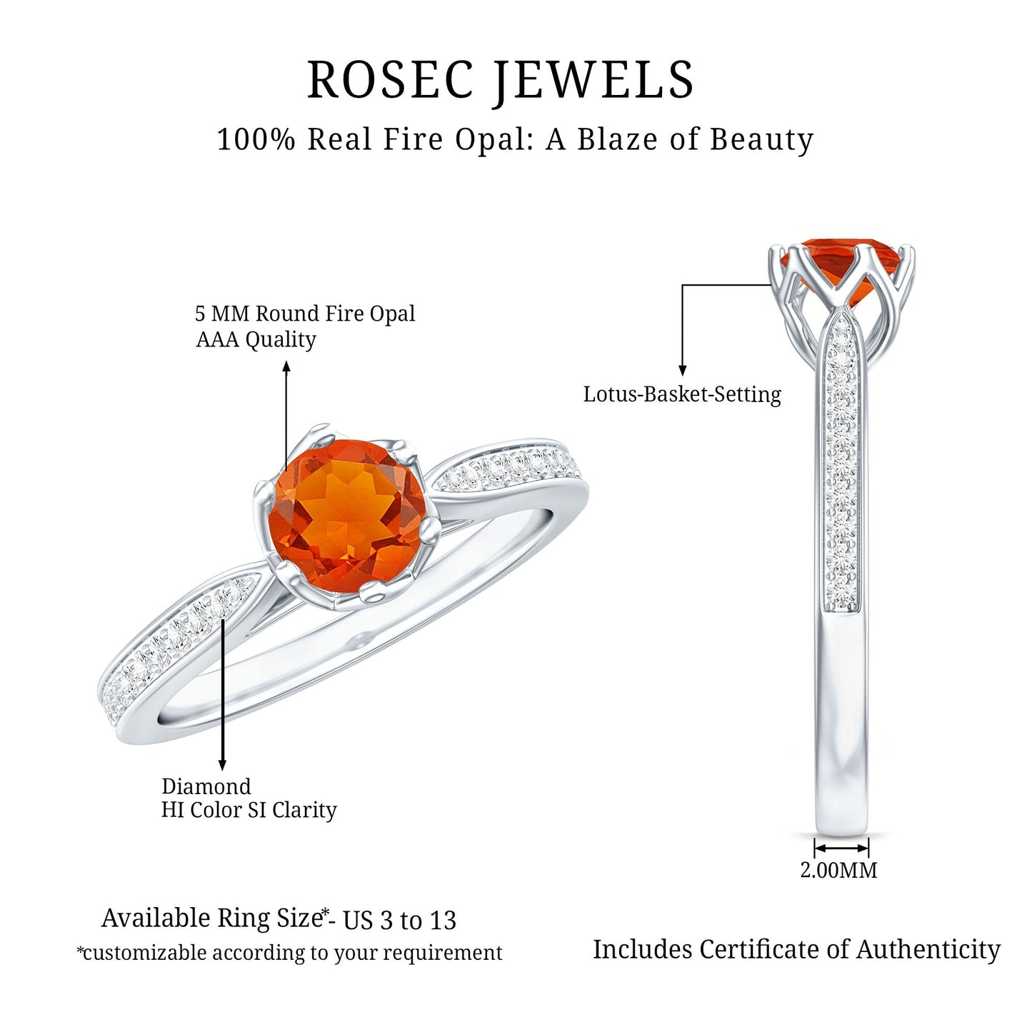 Genuine Fire Opal Solitaire Engagement Ring with Diamond