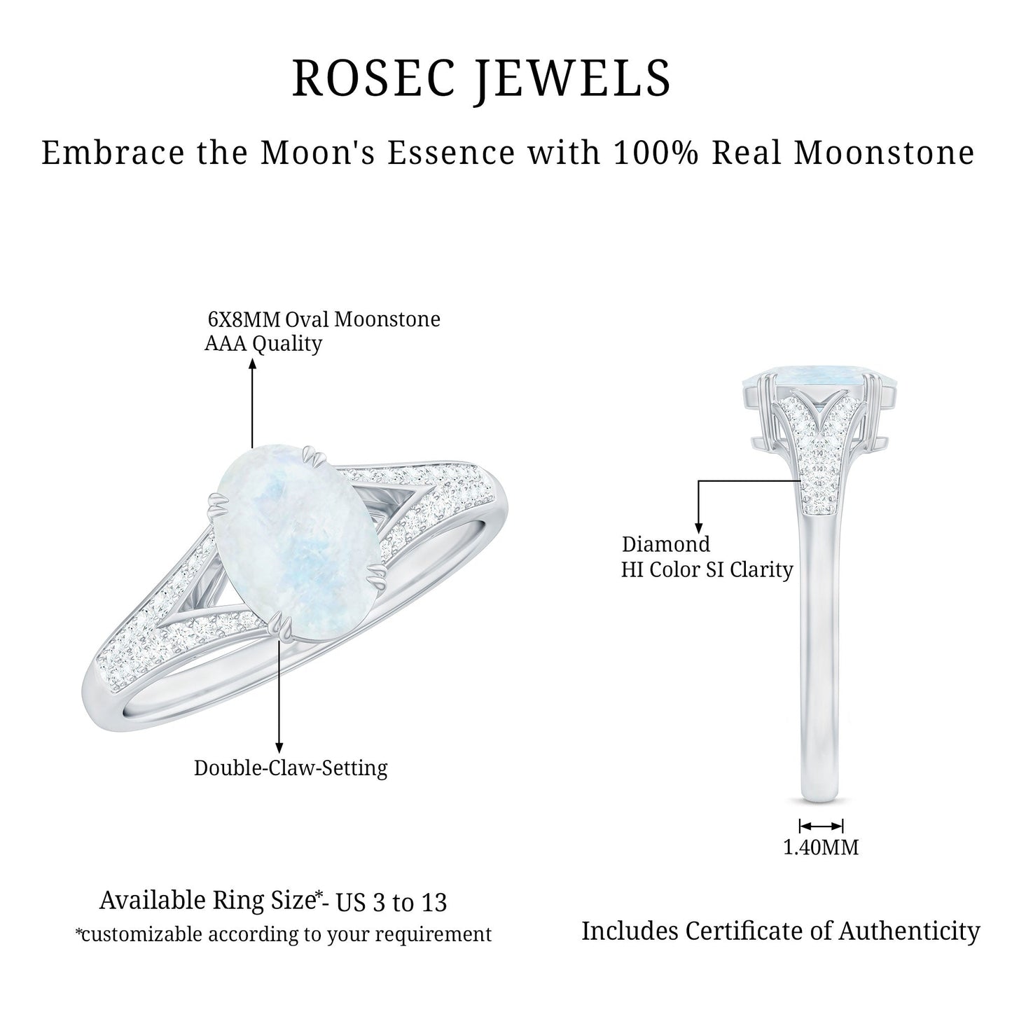 0.6 Carat Oval Cut Moonstone Solitaire Engagement Ring with Diamond Accent