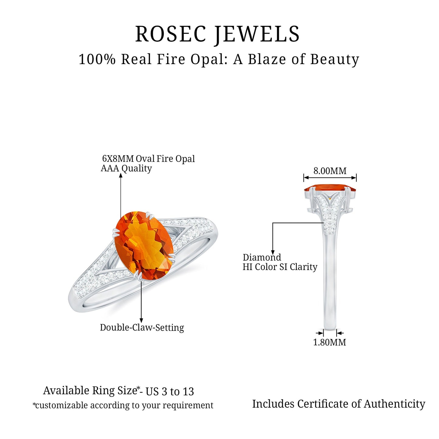 Oval 1 Carat Fire Opal Engagement Ring with Diamond Split Shank