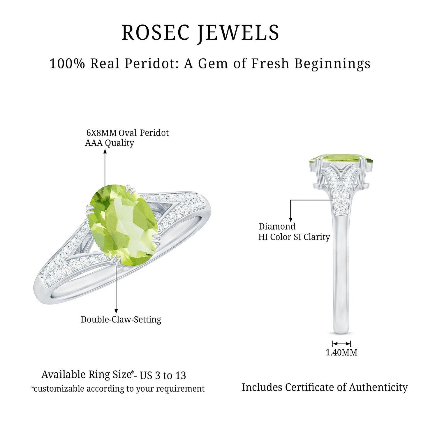 Natural 1 Carat Peridot Oval Engagement Ring with Diamond Split Shank
