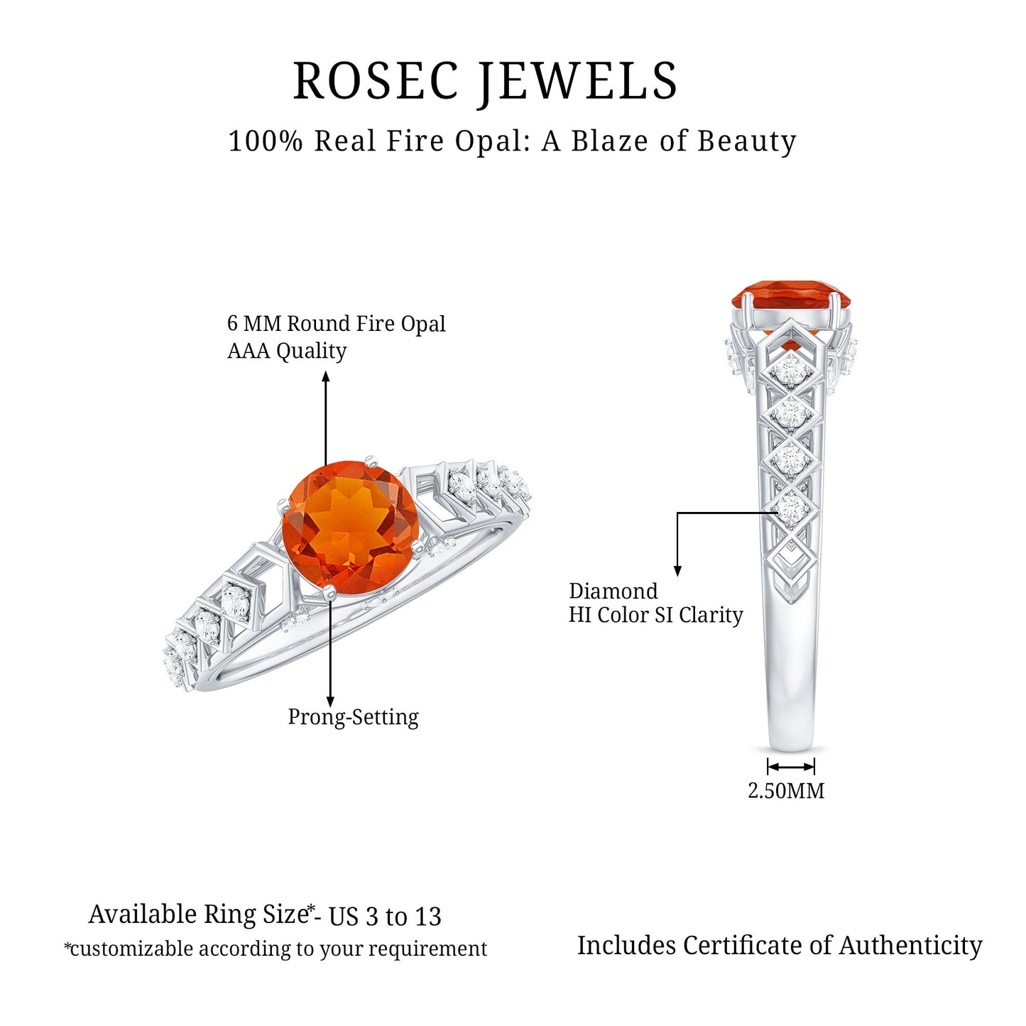 0.7 Carat Solitaire Fire Opal and Diamond Art Deco Engagement Ring