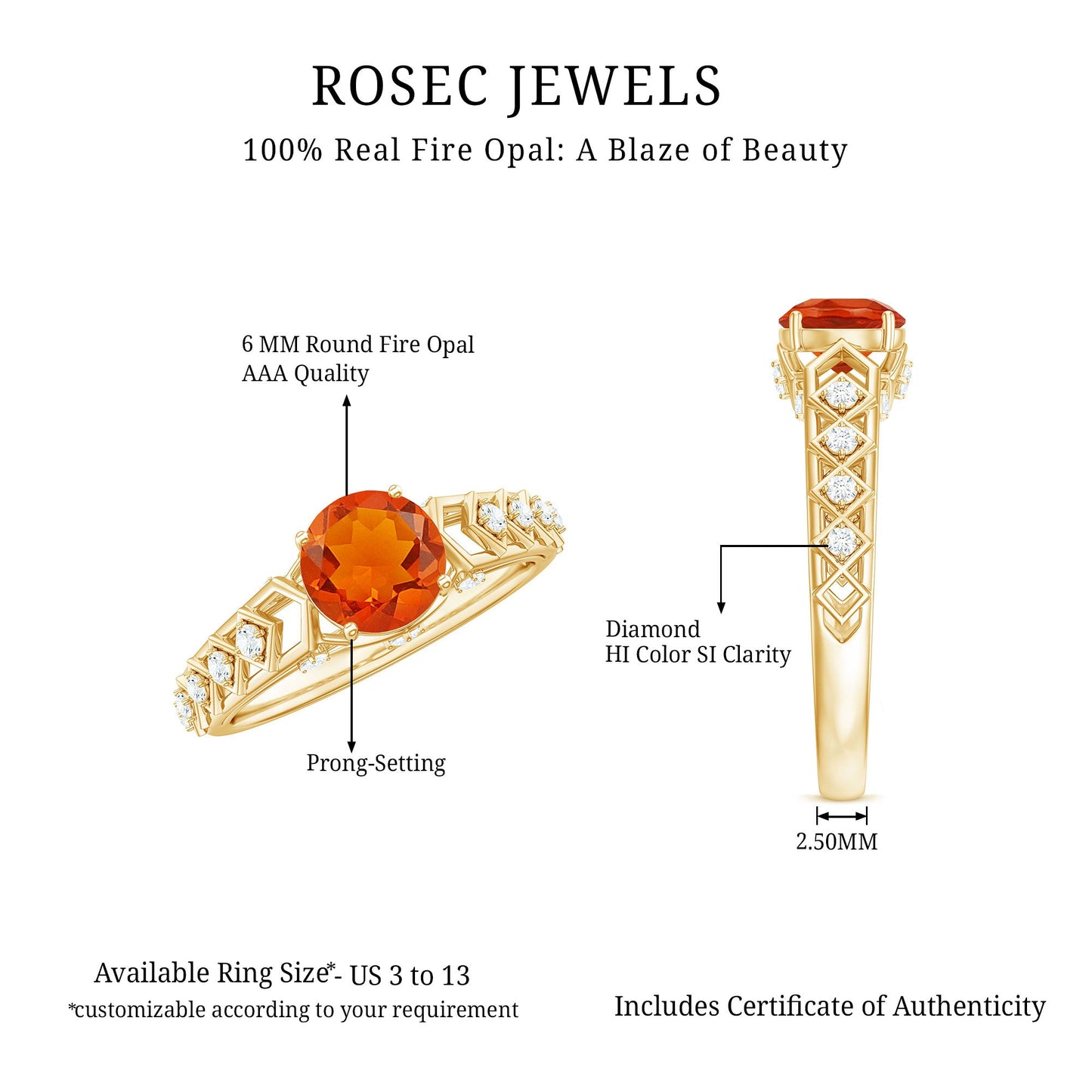 0.7 Carat Solitaire Fire Opal and Diamond Art Deco Engagement Ring