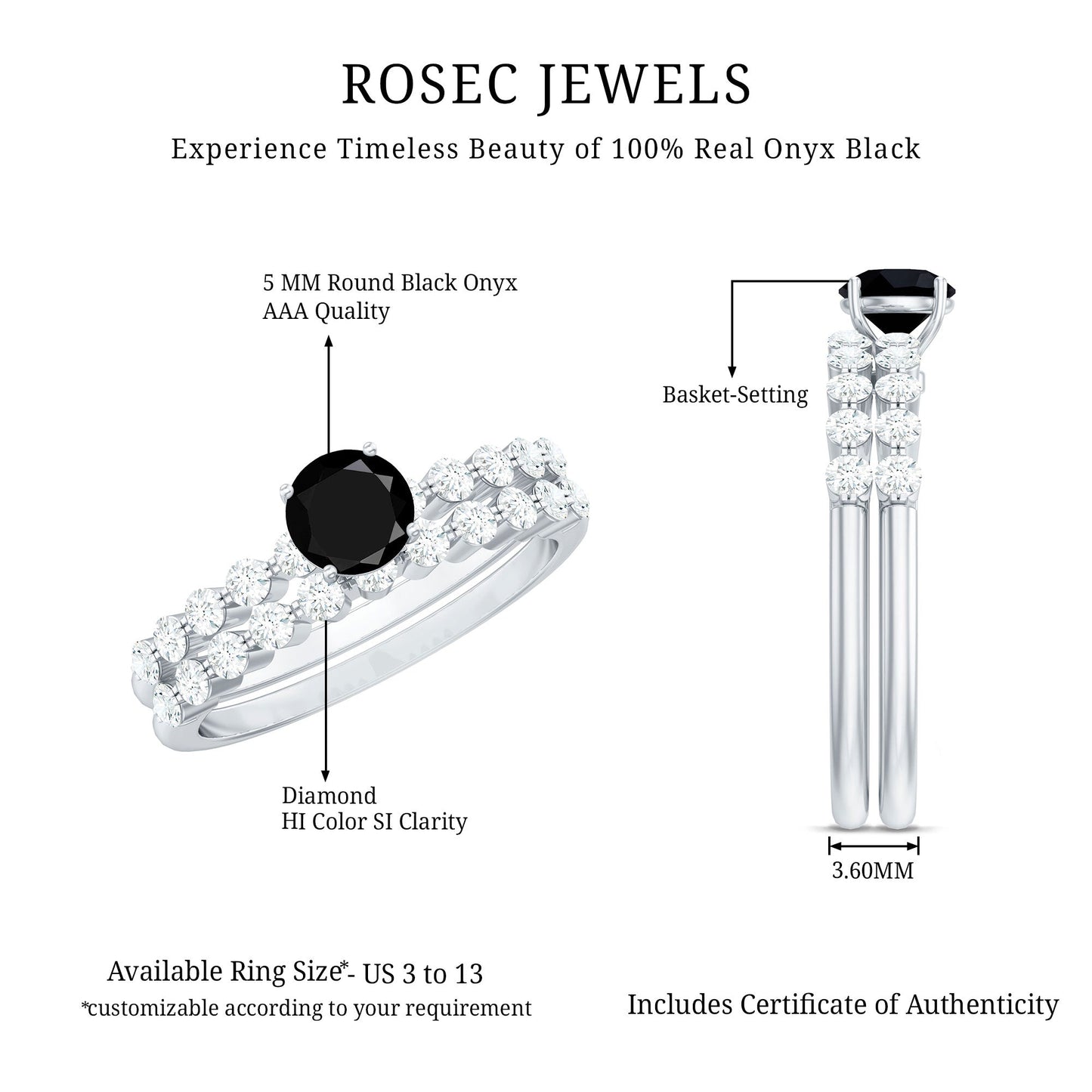 Round Cut Black Onyx and Diamond Stacking Wedding Ring Set