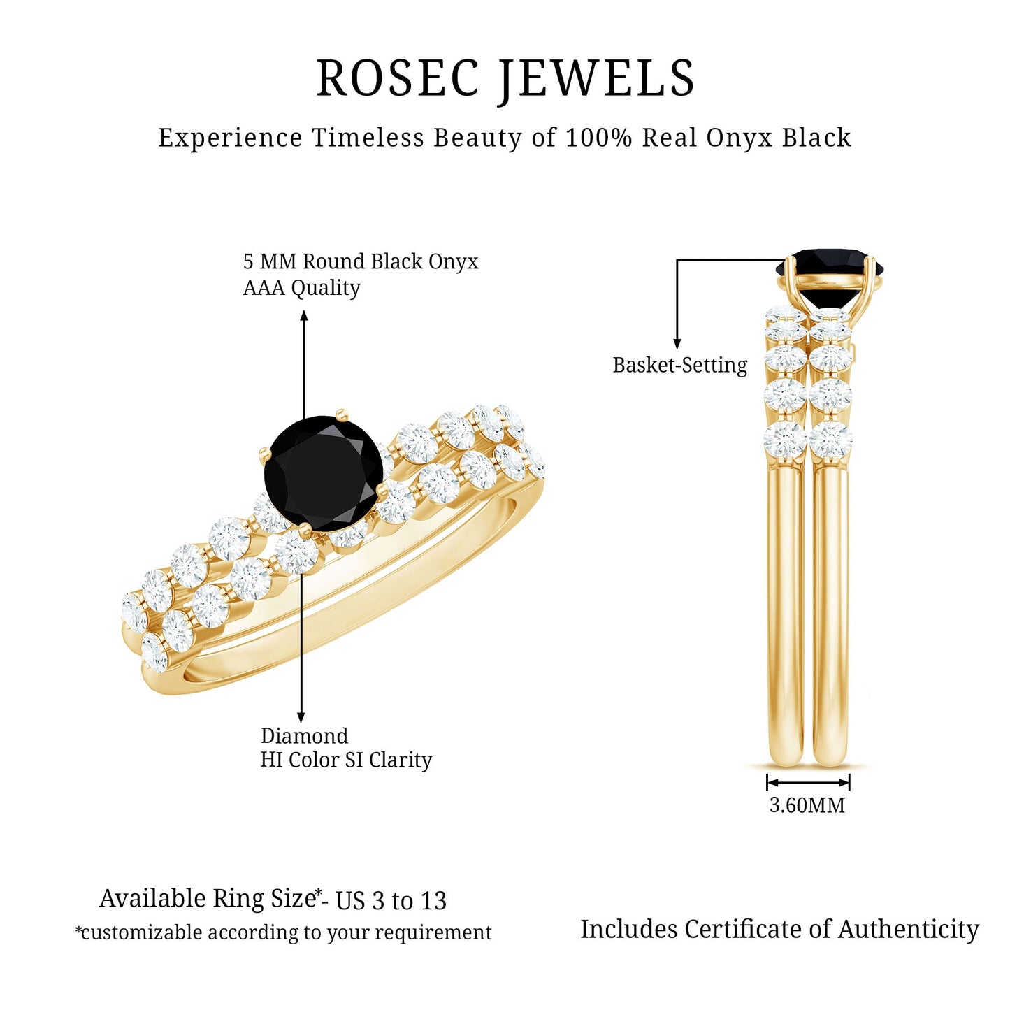 Round Cut Black Onyx and Diamond Stacking Wedding Ring Set