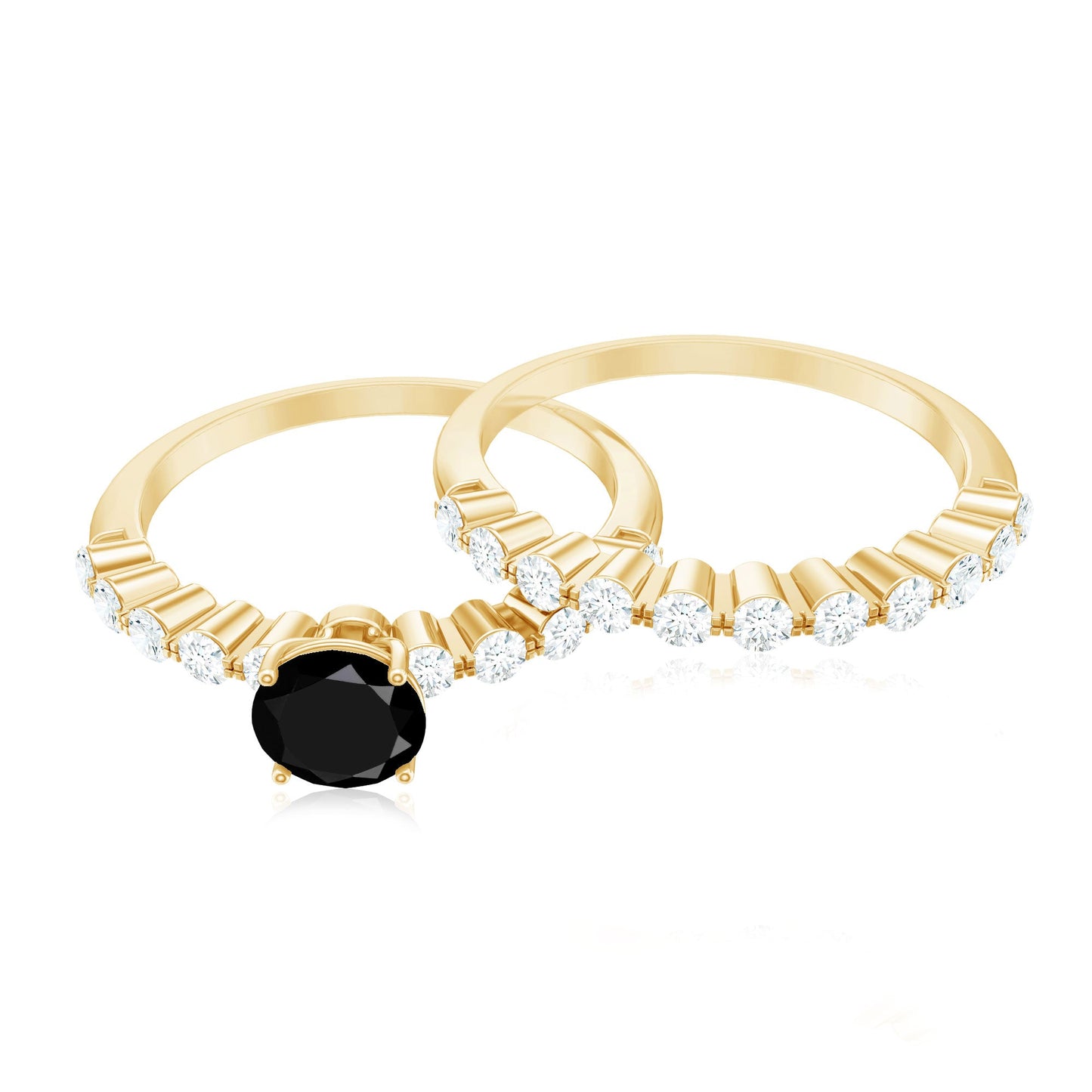 Round Cut Black Onyx and Diamond Stacking Wedding Ring Set