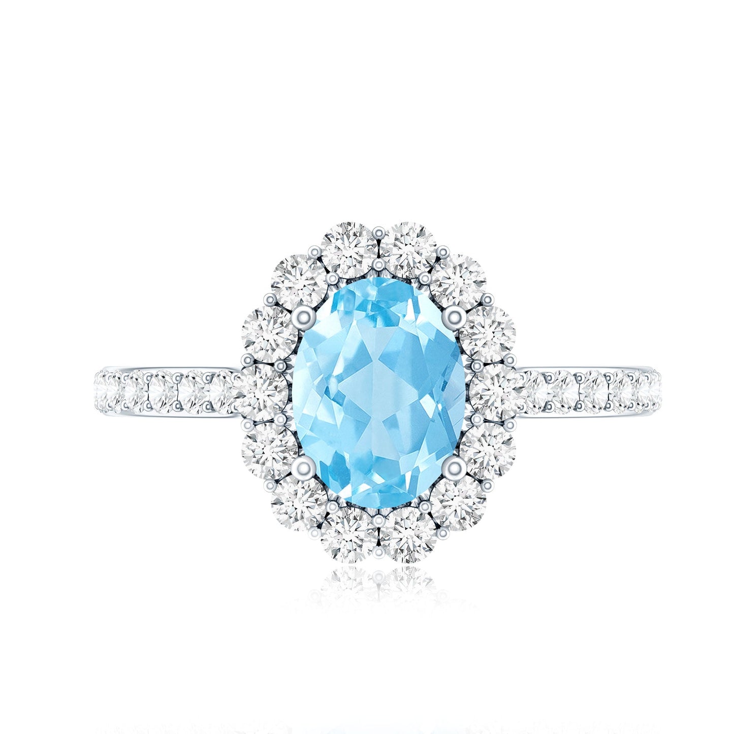 Real 1 Carat Oval Shape Aquamarine Halo Engagement Ring with Certificate