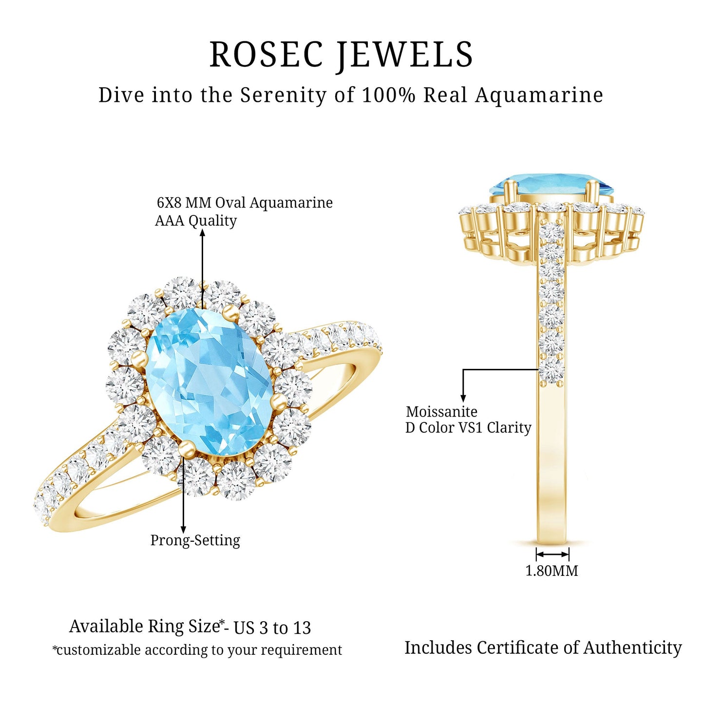Real 1 Carat Oval Shape Aquamarine Halo Engagement Ring with Certificate