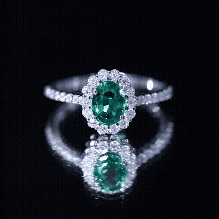 Certified 1.2 Carat Oval Lab Grown Emerald Halo Engagement Ring