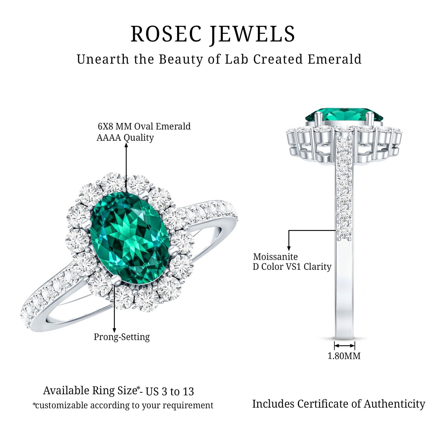 Certified 1.2 Carat Oval Lab Grown Emerald Halo Engagement Ring
