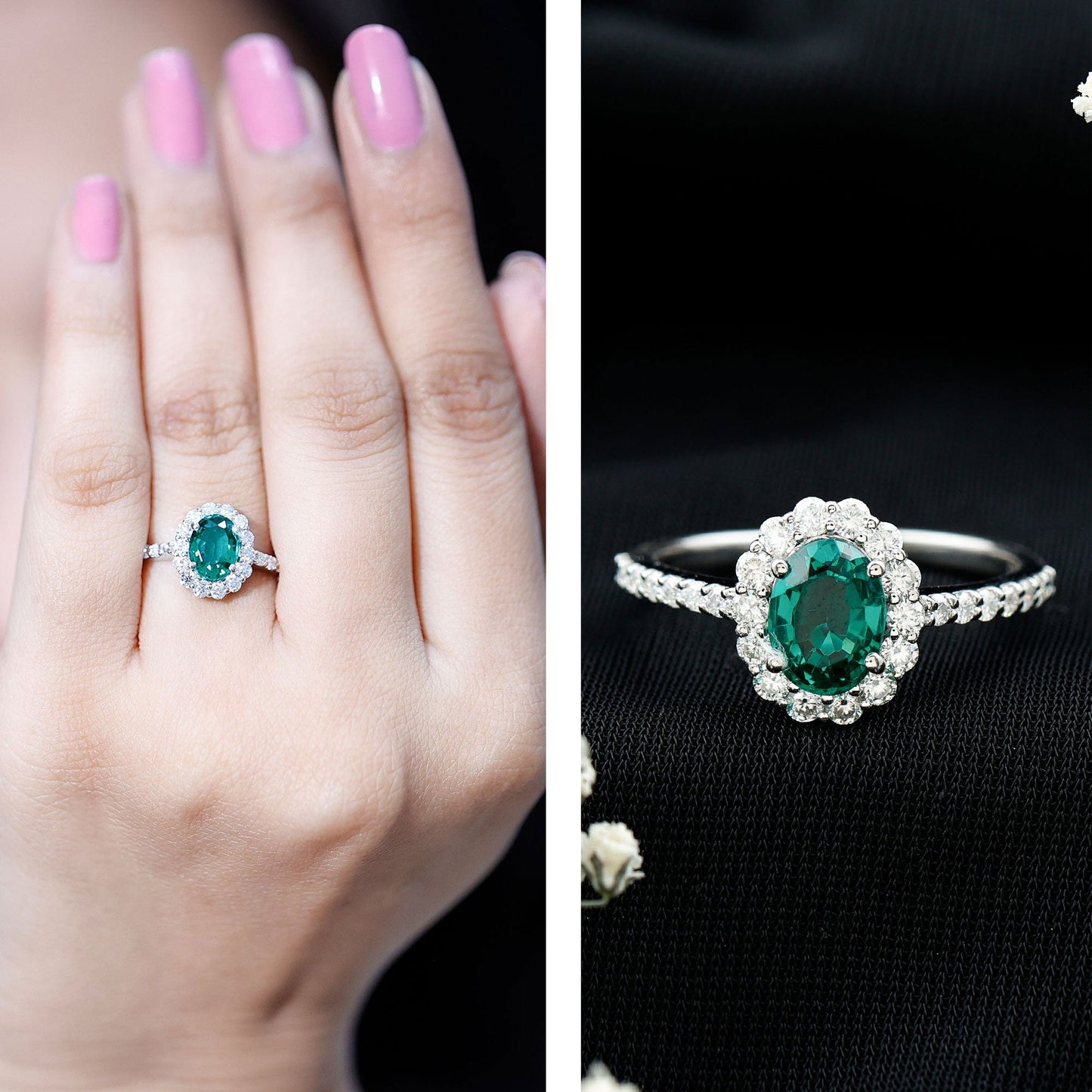 Certified 1.2 Carat Oval Lab Grown Emerald Halo Engagement Ring