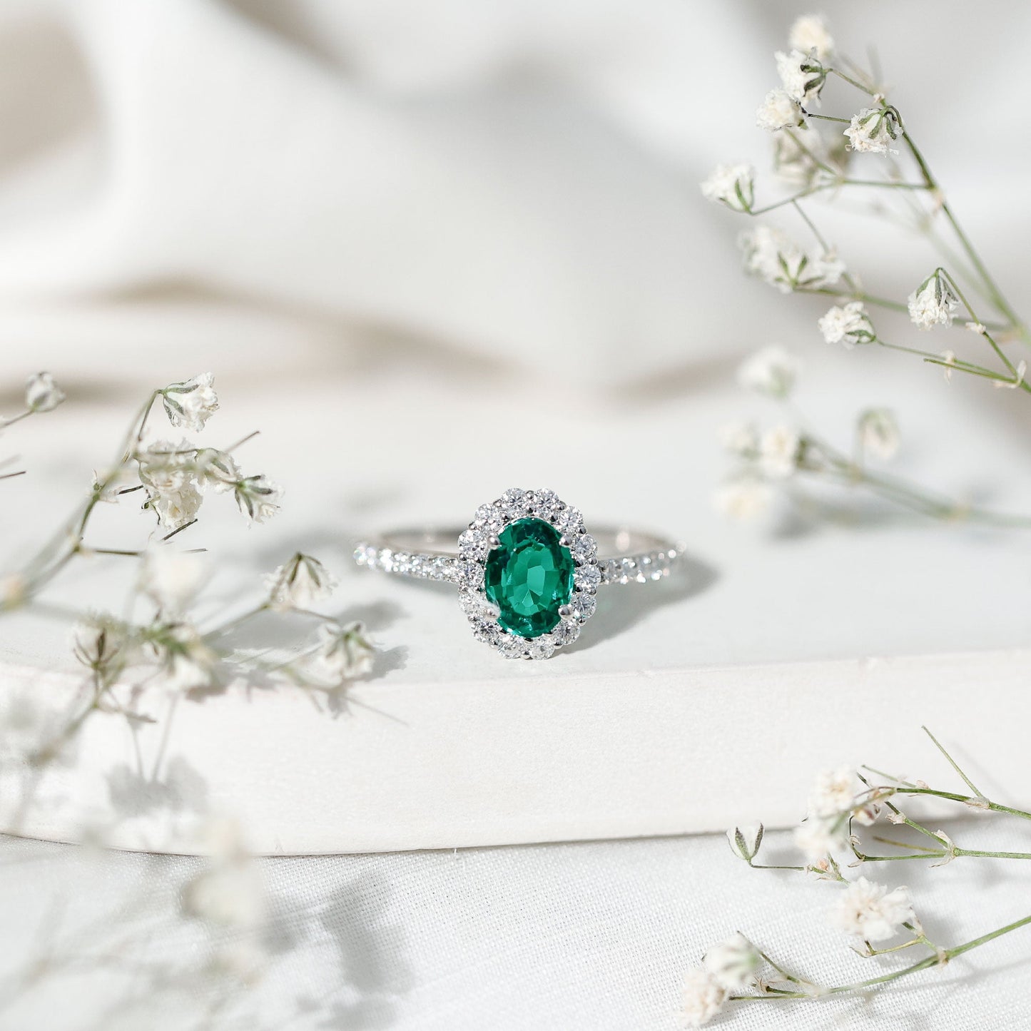 Certified 1.2 Carat Oval Lab Grown Emerald Halo Engagement Ring