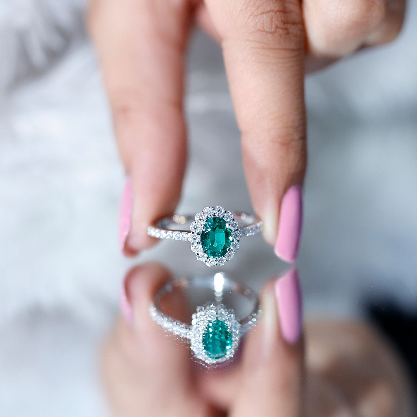 Certified 1.2 Carat Oval Lab Grown Emerald Halo Engagement Ring