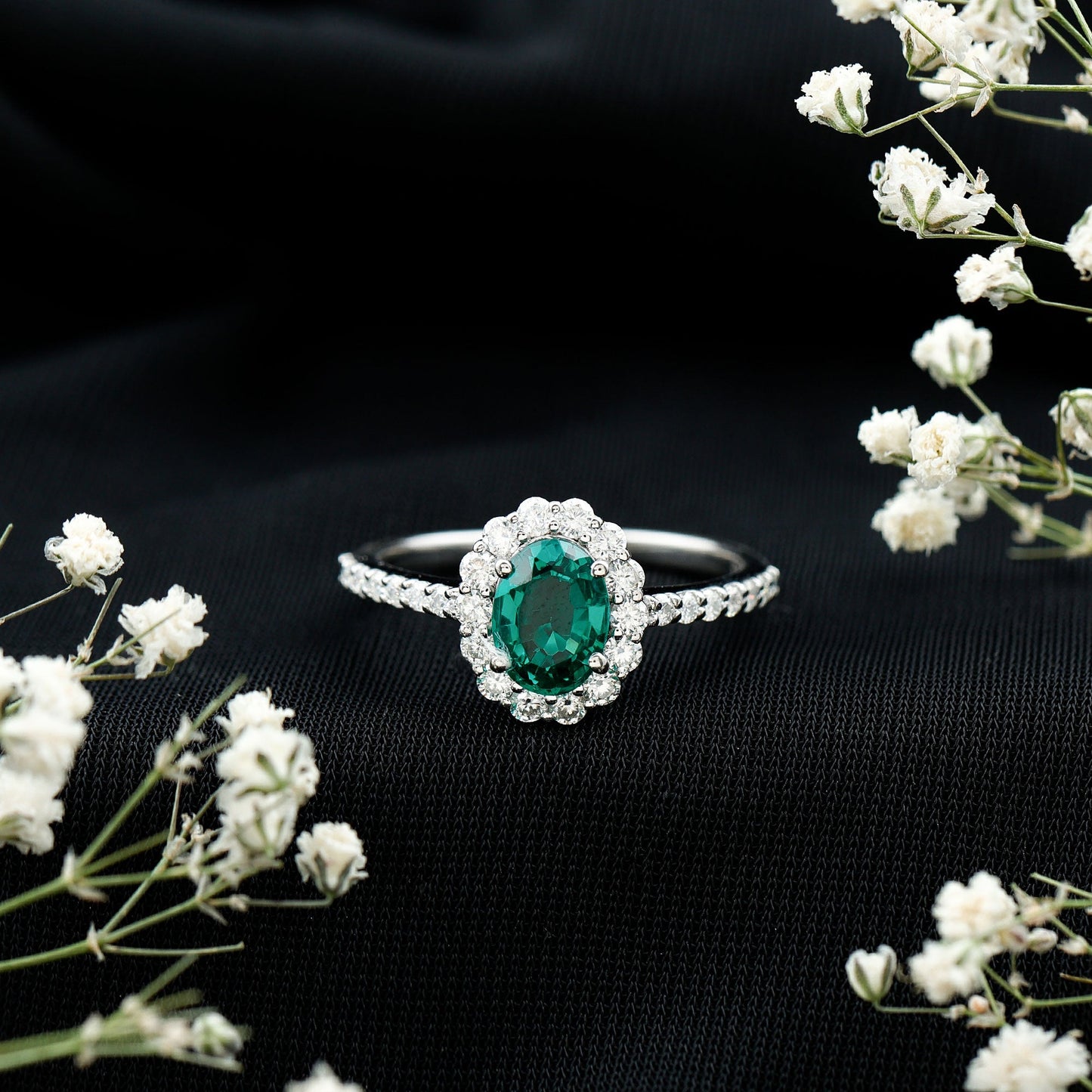 Certified 1.2 Carat Oval Lab Grown Emerald Halo Engagement Ring