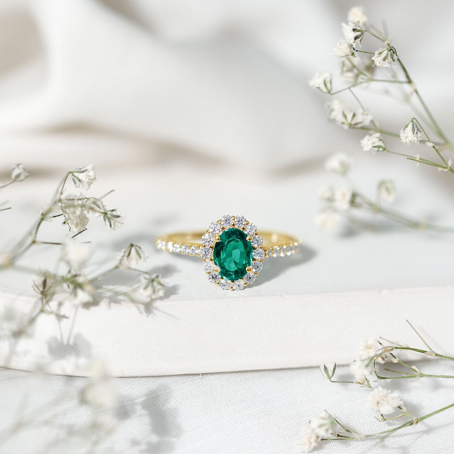 Certified 1.2 Carat Oval Lab Grown Emerald Halo Engagement Ring
