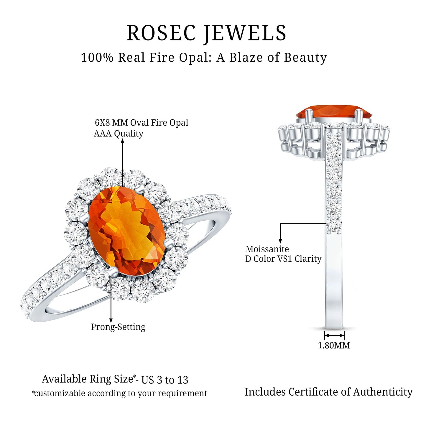 Orange Fire Opal Oval Shape Engagement Ring with Moissanite