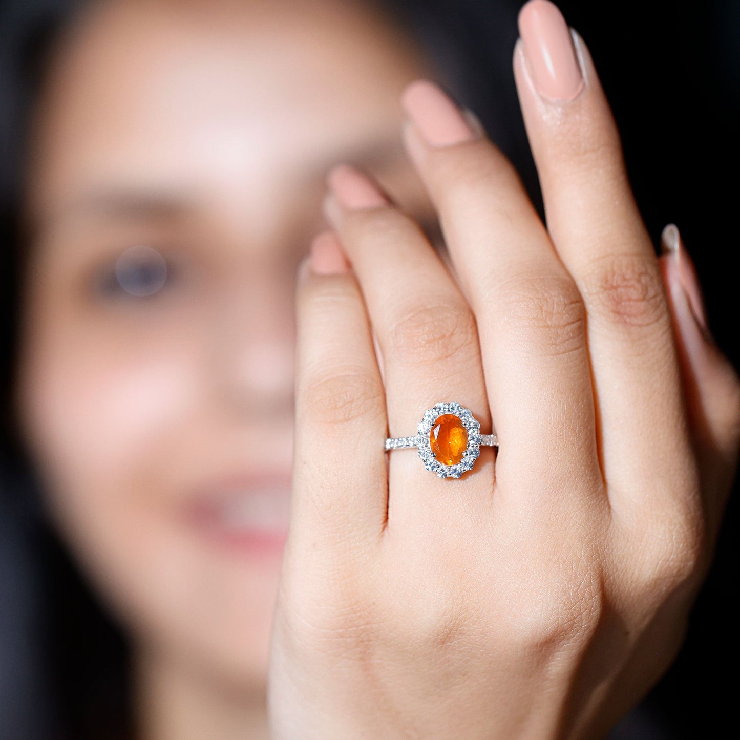 Orange Fire Opal Oval Shape Engagement Ring with Moissanite