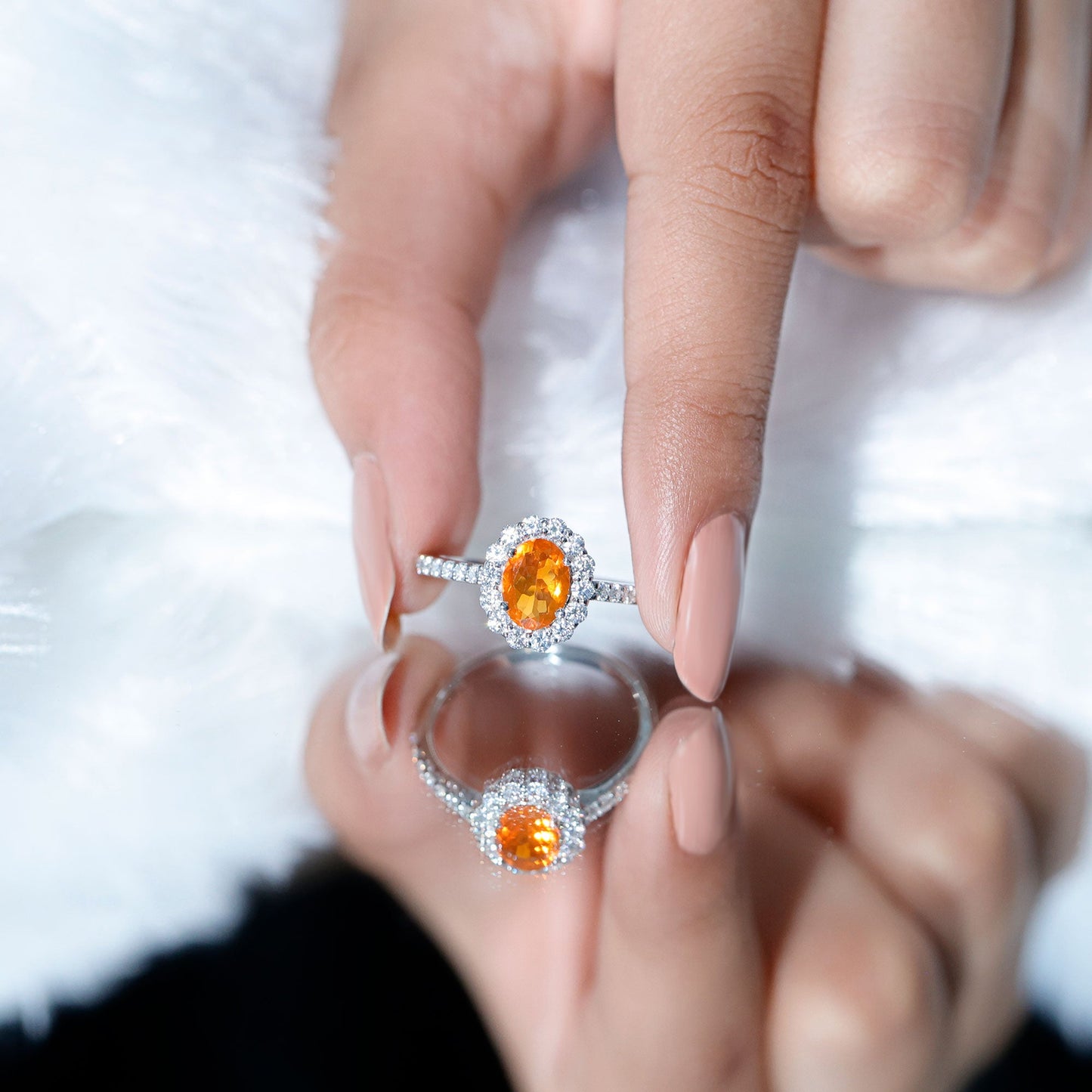 Orange Fire Opal Oval Shape Engagement Ring with Moissanite