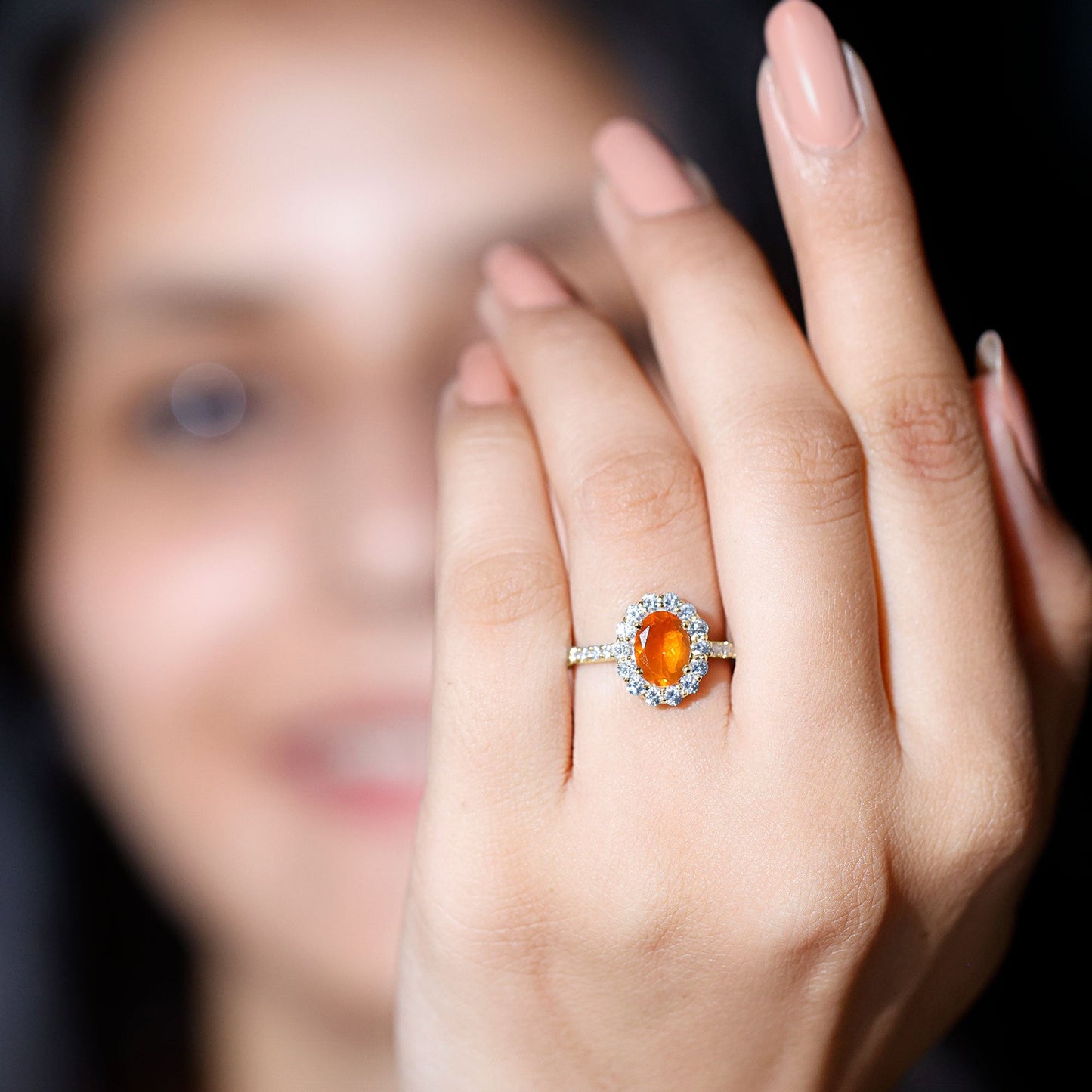 Orange Fire Opal Oval Shape Engagement Ring with Moissanite