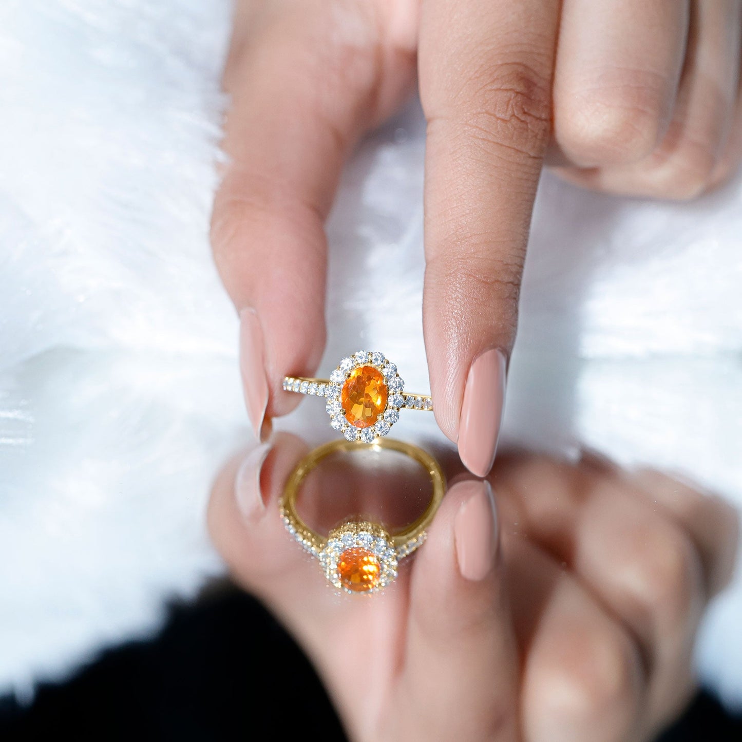 Orange Fire Opal Oval Shape Engagement Ring with Moissanite