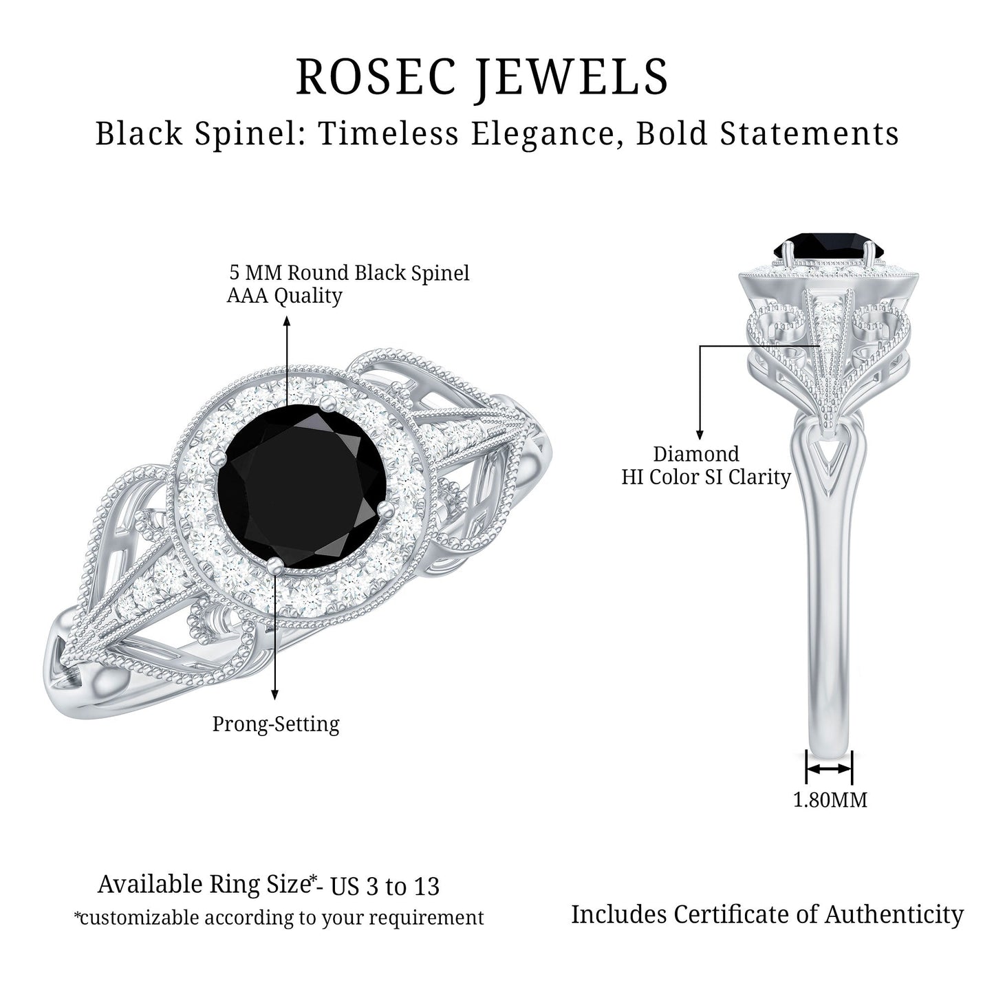 Vintage Inspired Black Spinel and Diamond Engagement Ring