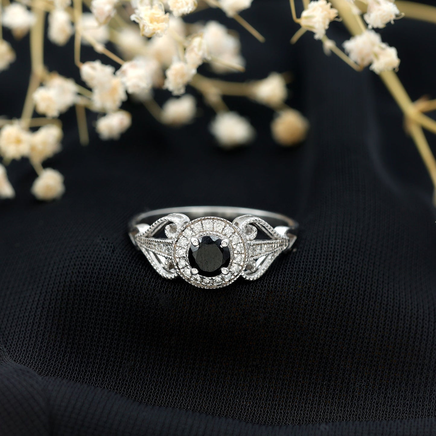 Vintage Inspired Black Spinel and Diamond Engagement Ring