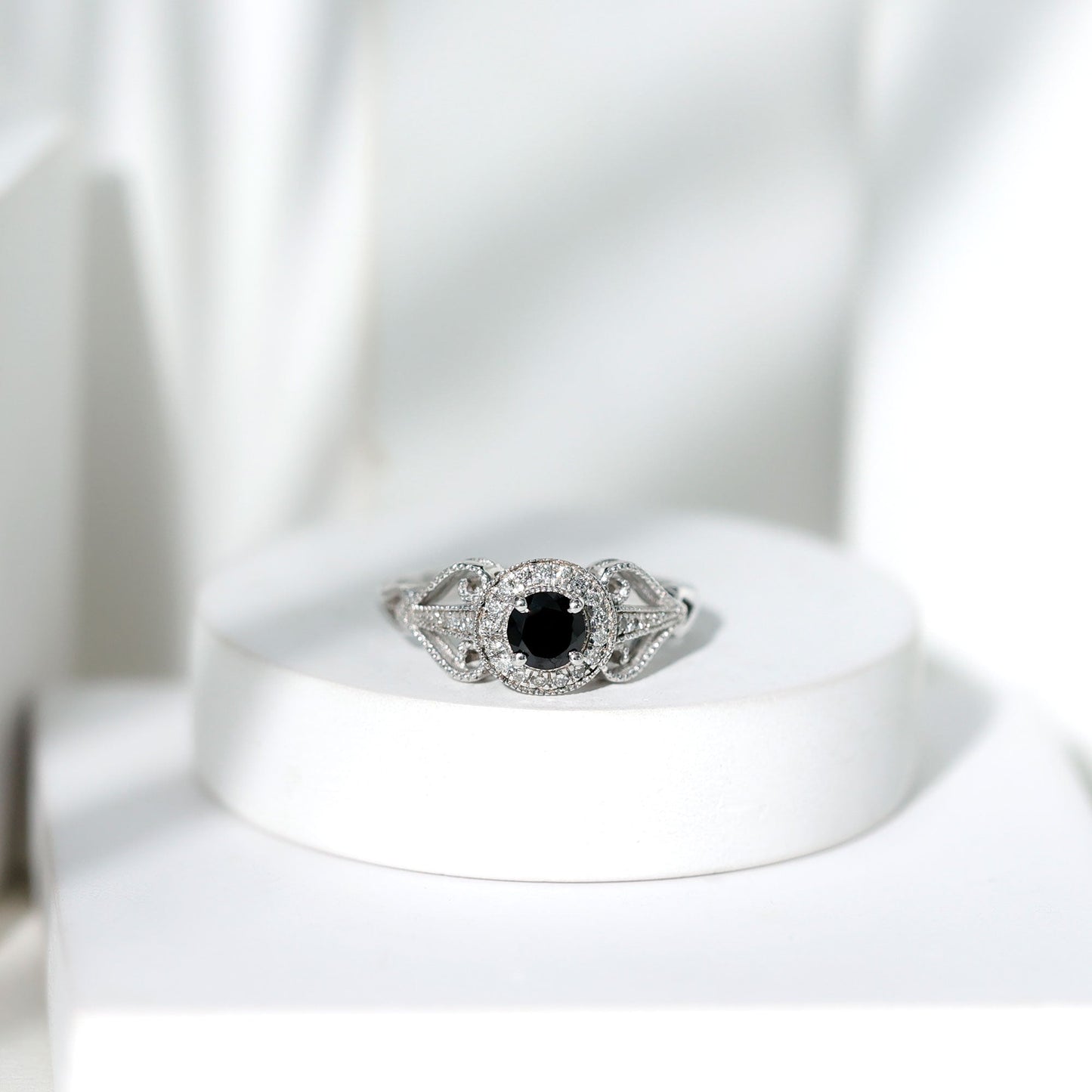 Vintage Inspired Black Spinel and Diamond Engagement Ring