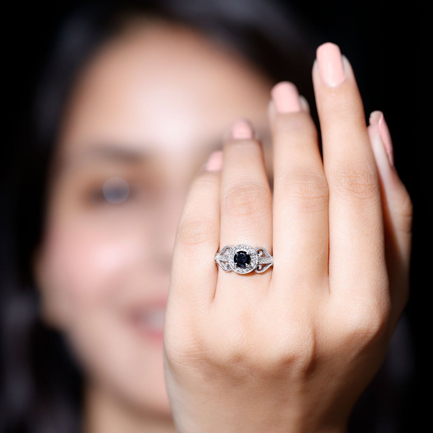 Vintage Inspired Black Spinel and Diamond Engagement Ring