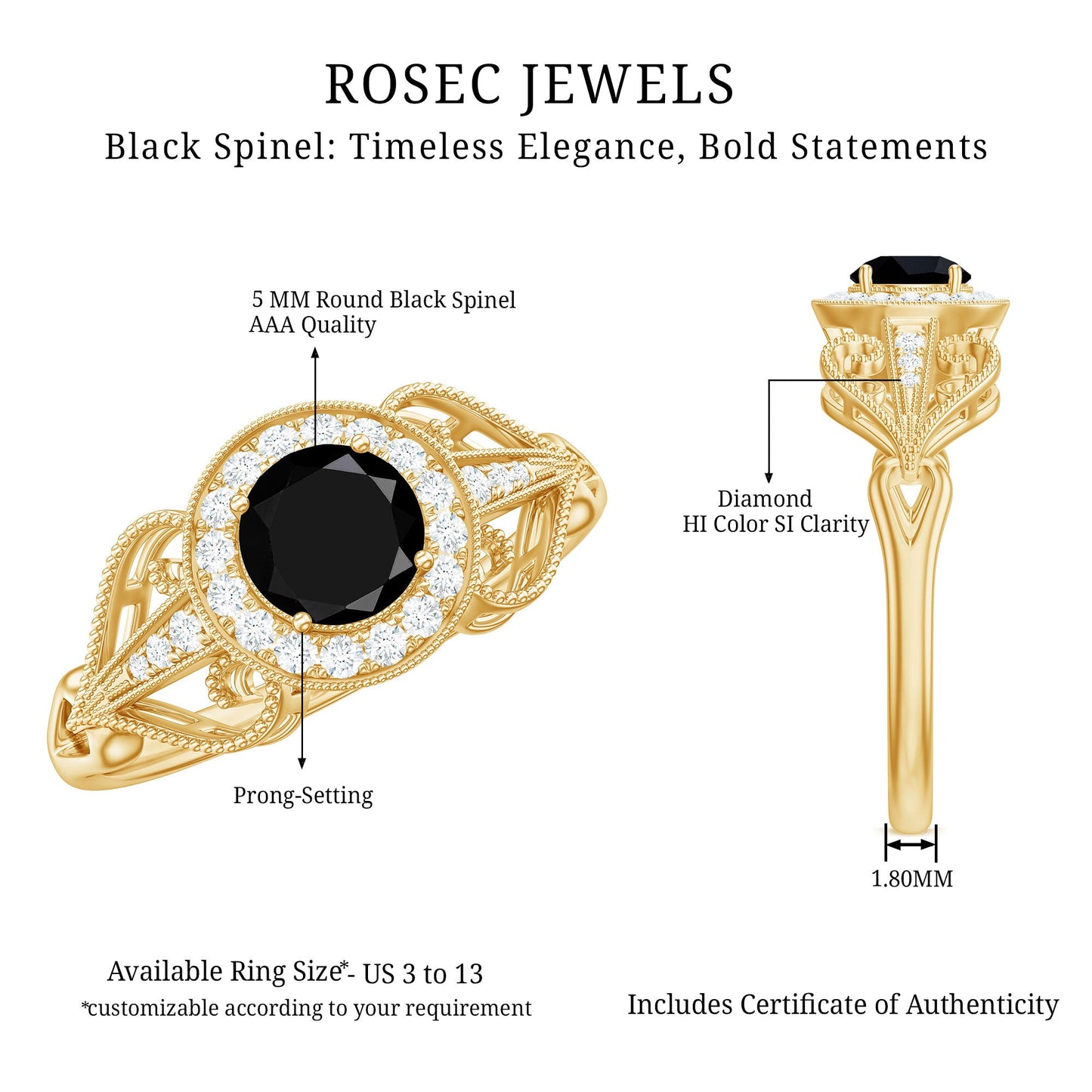 Vintage Inspired Black Spinel and Diamond Engagement Ring