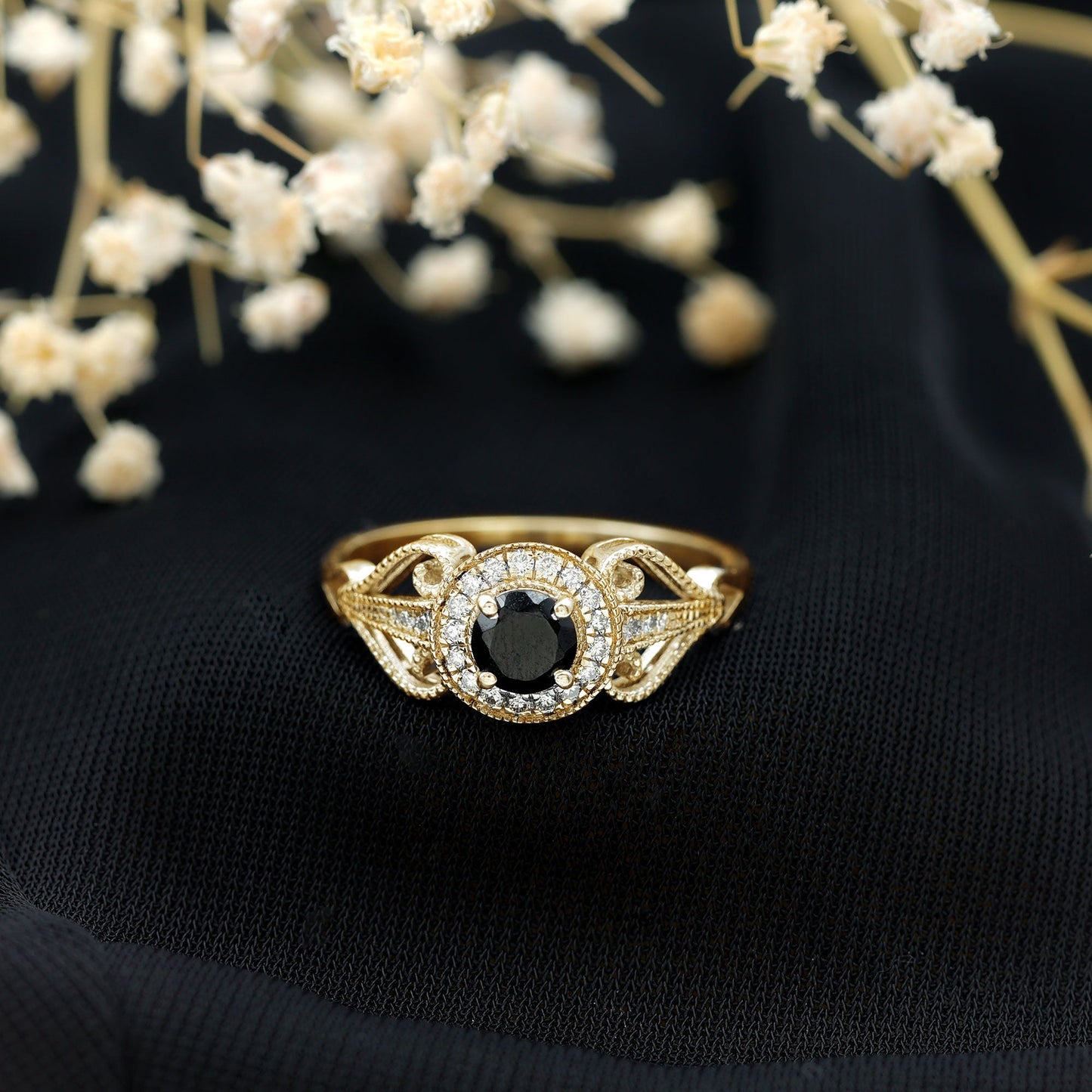 Vintage Inspired Black Spinel and Diamond Engagement Ring