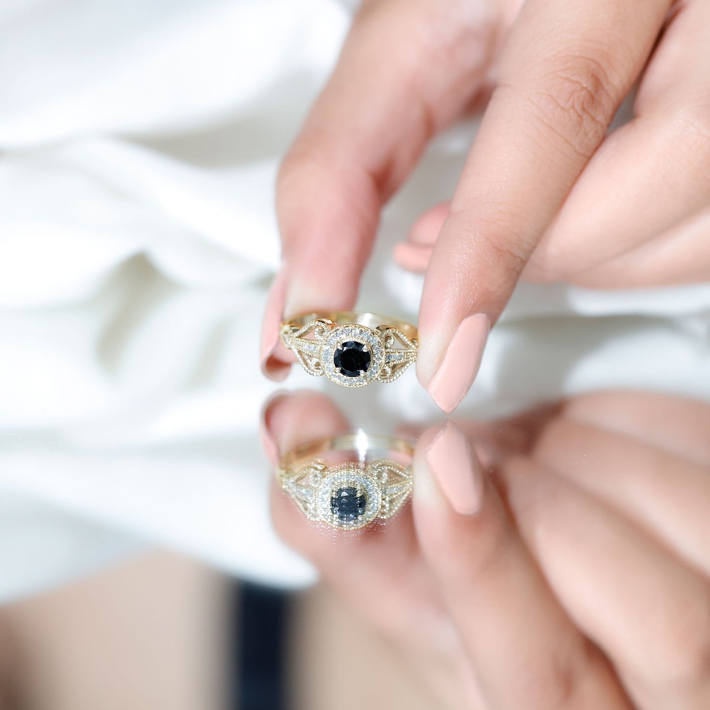 Vintage Inspired Black Spinel and Diamond Engagement Ring