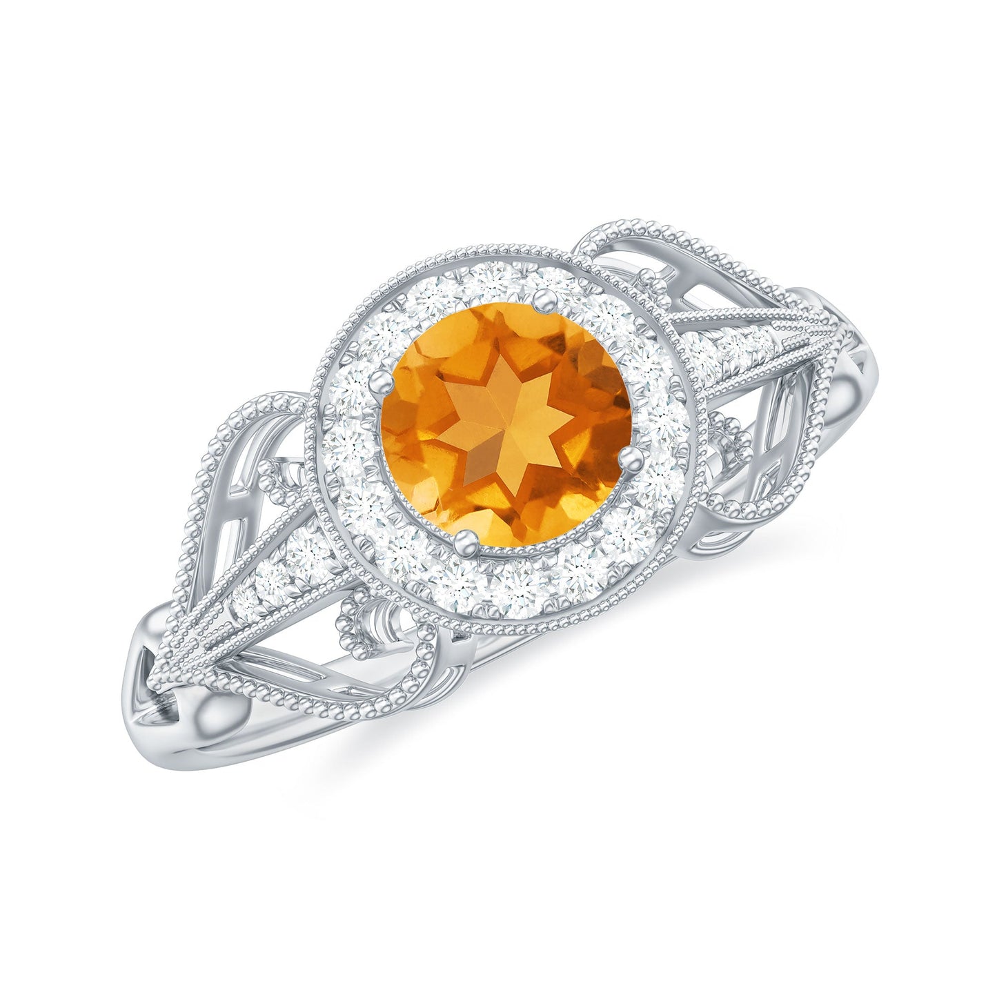 Vintage Style Citrine Engagement Ring with Diamond Halo