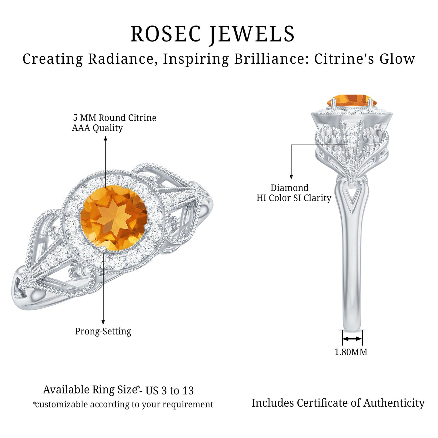 Vintage Style Citrine Engagement Ring with Diamond Halo
