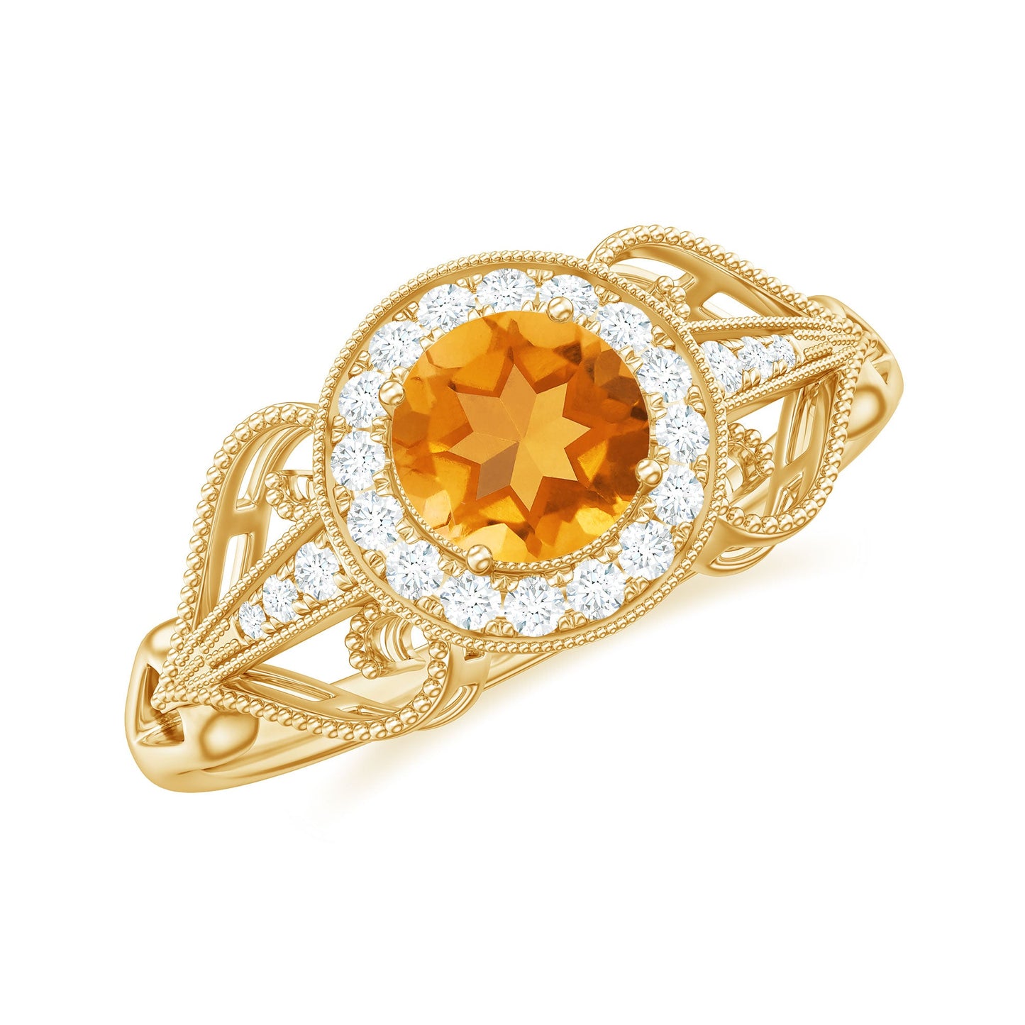 Vintage Style Citrine Engagement Ring with Diamond Halo