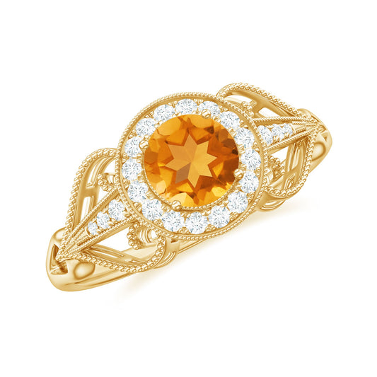 Vintage Style Citrine Engagement Ring with Diamond Halo