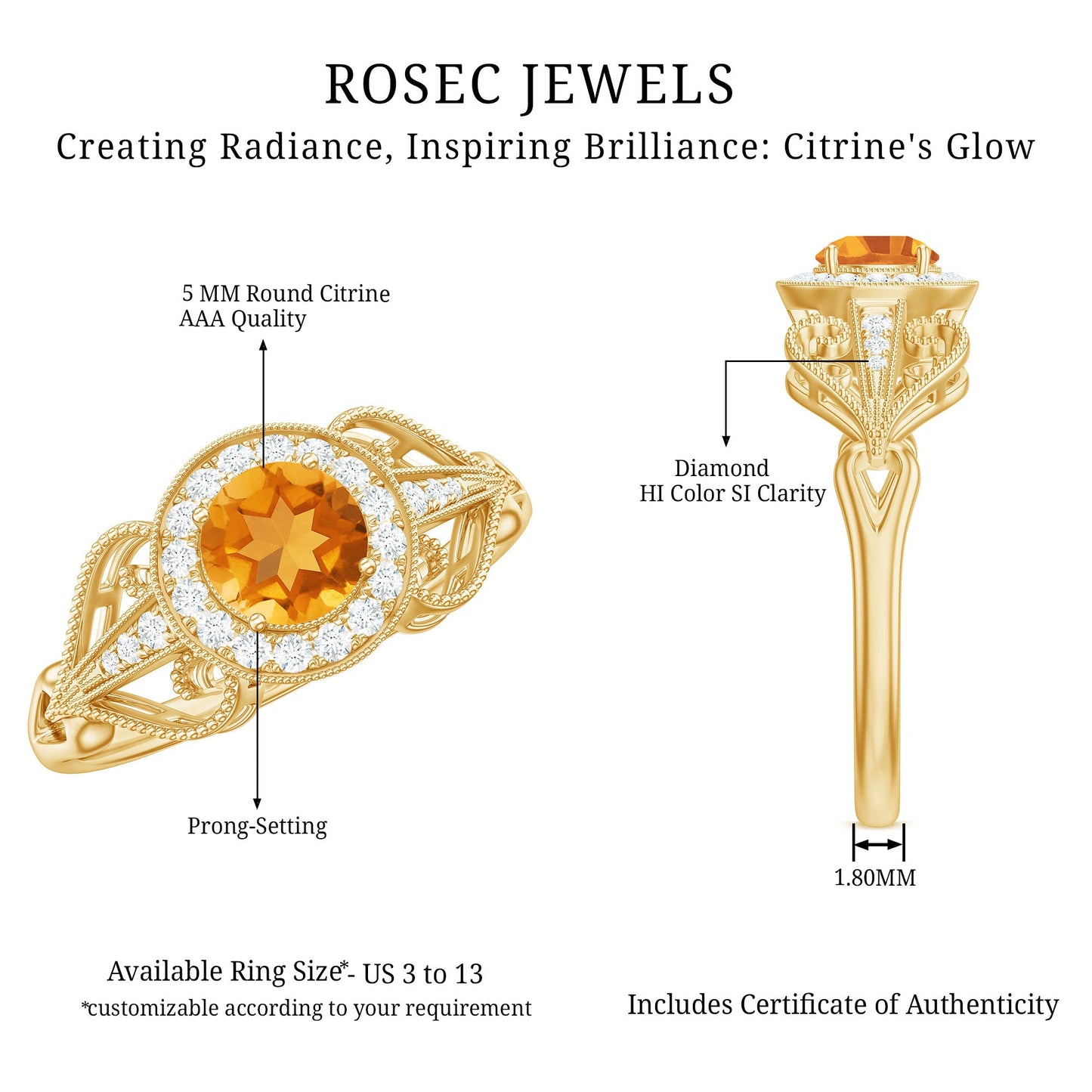 Vintage Style Citrine Engagement Ring with Diamond Halo